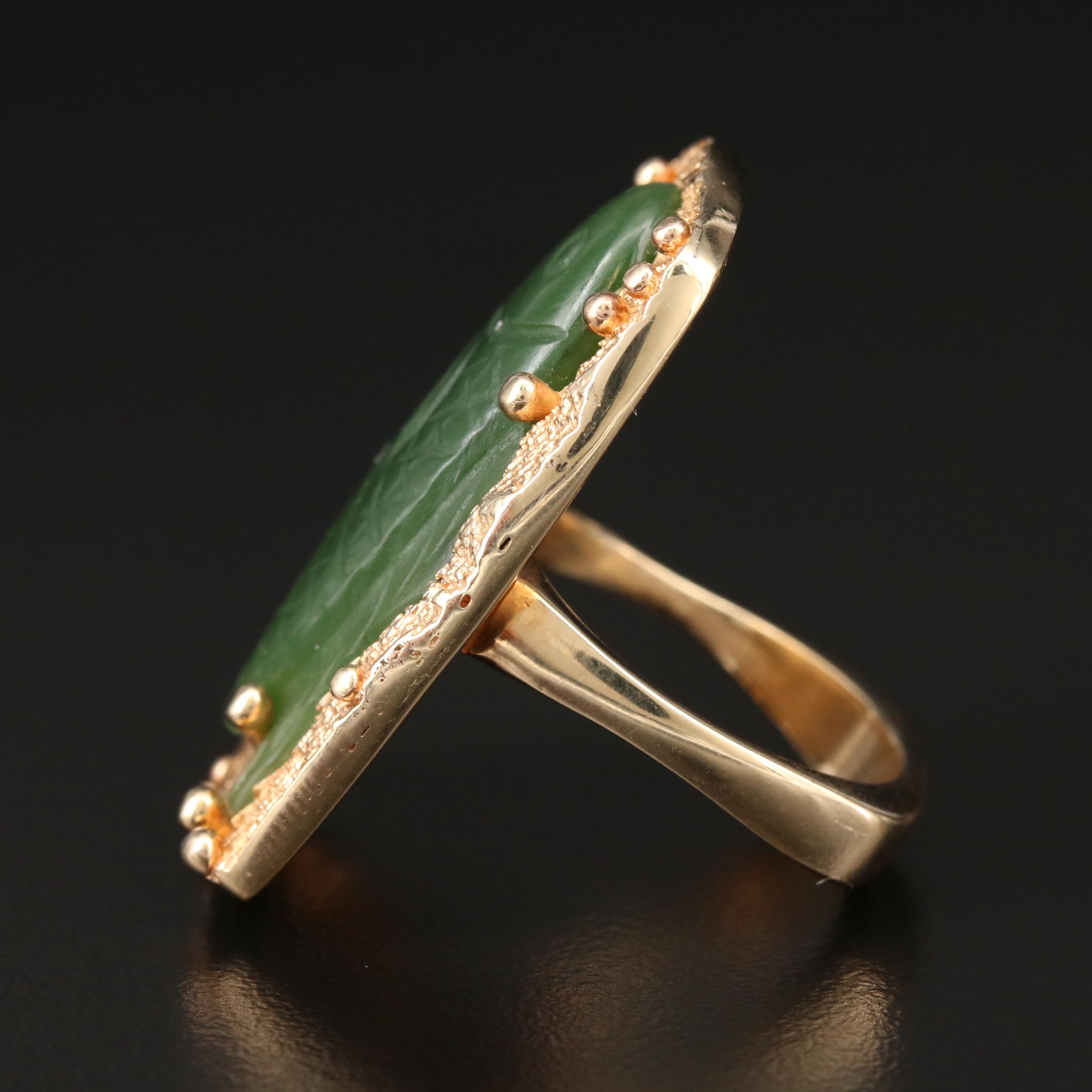 Joe Apodaca 14K Yellow Gold Nephrite Carved Fish Ring with Euro Shank