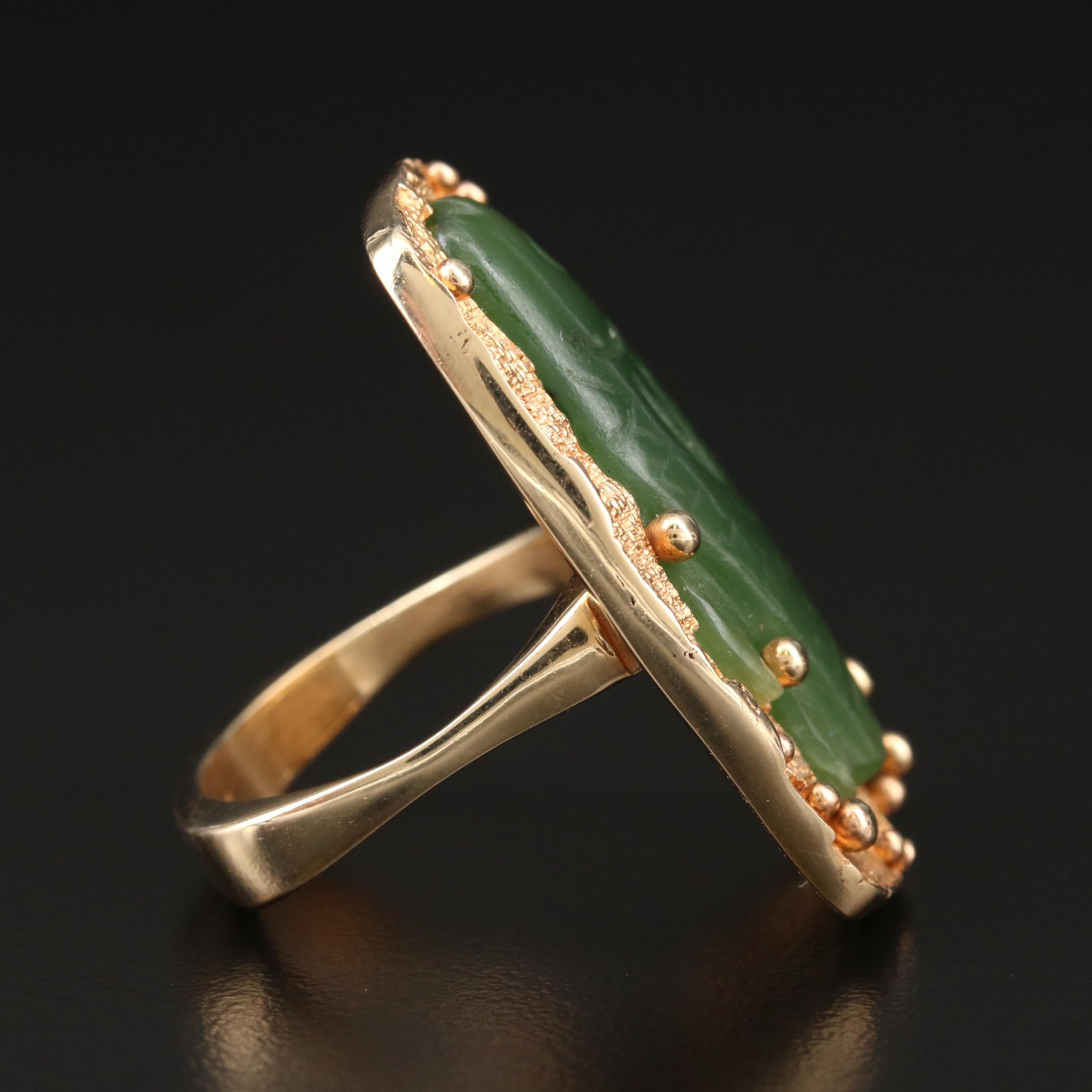 Joe Apodaca 14K Yellow Gold Nephrite Carved Fish Ring with Euro Shank