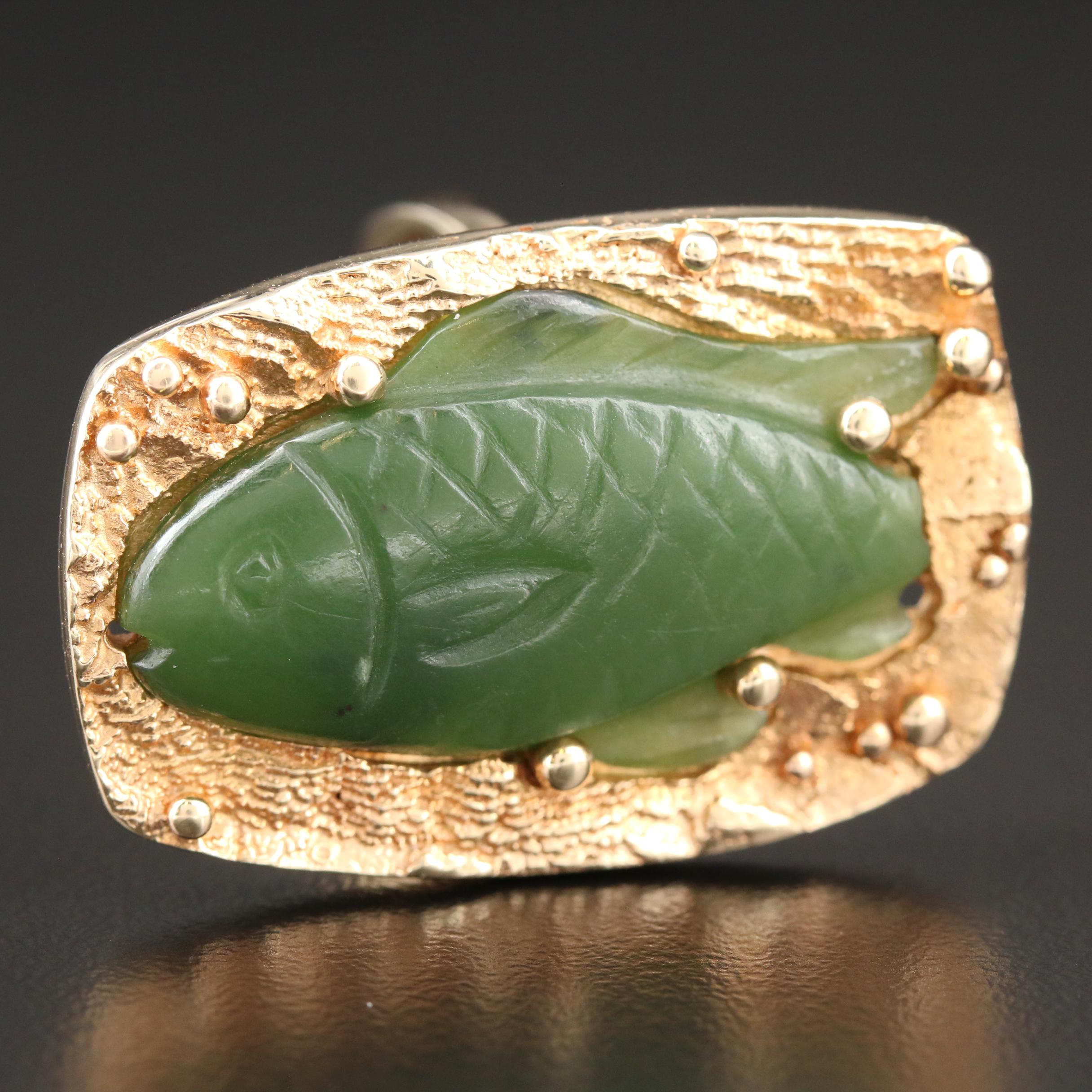 Joe Apodaca 14K Yellow Gold Nephrite Carved Fish Ring with Euro Shank