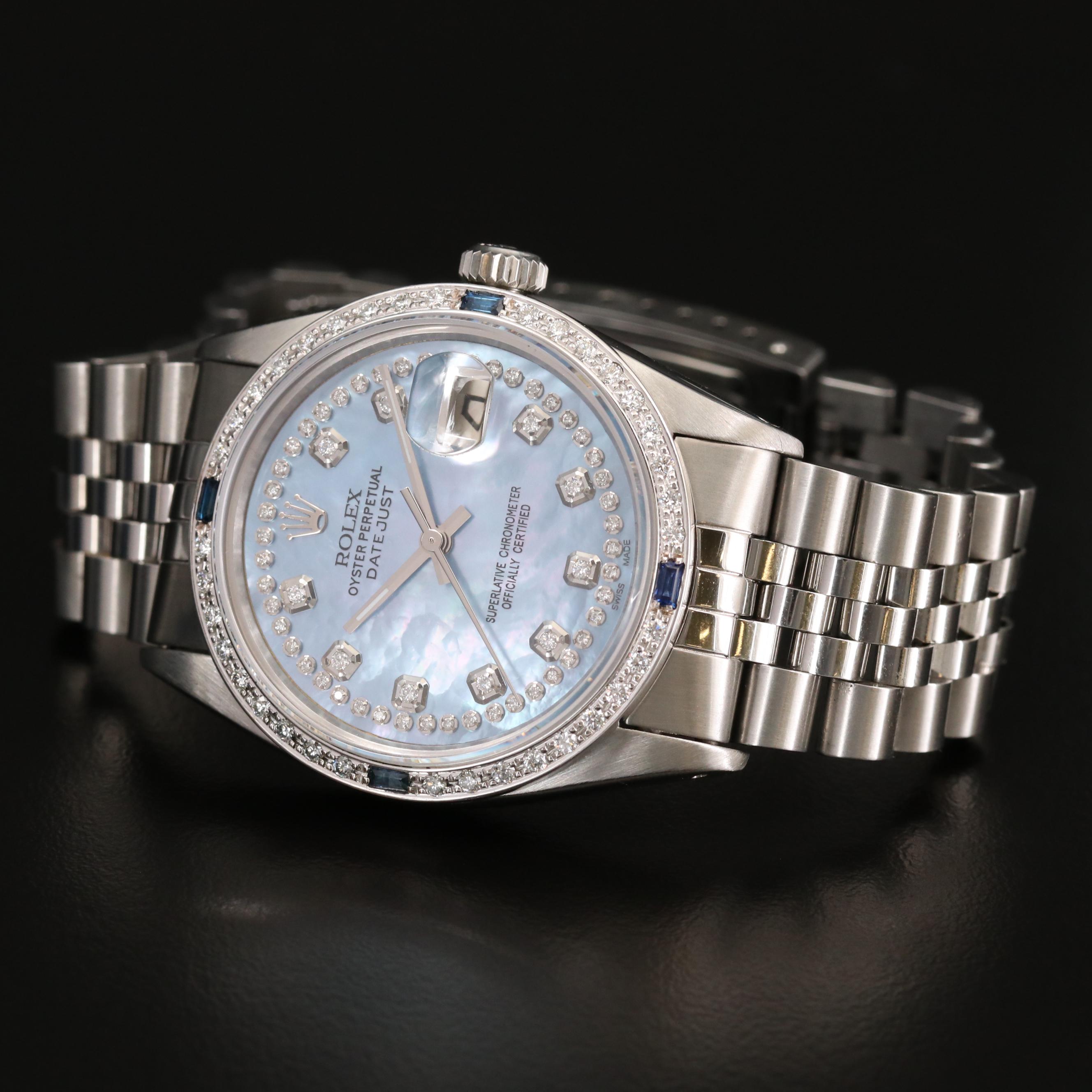 1979 Rolex Diamond and Sapphire Datejust Watch with Blue Mother Pearl Dial