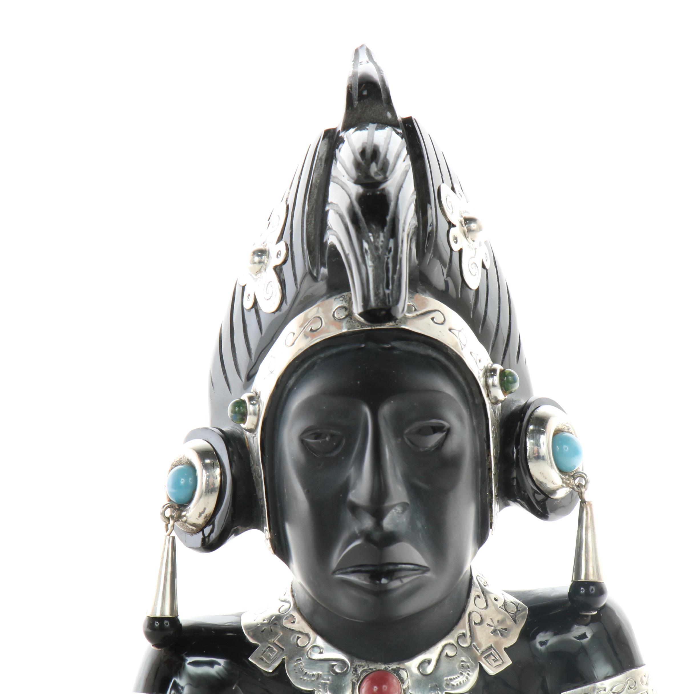 Obsidian, Sterling Silver, and Semi-Precious Stone Mayan Style Figure Sculpture