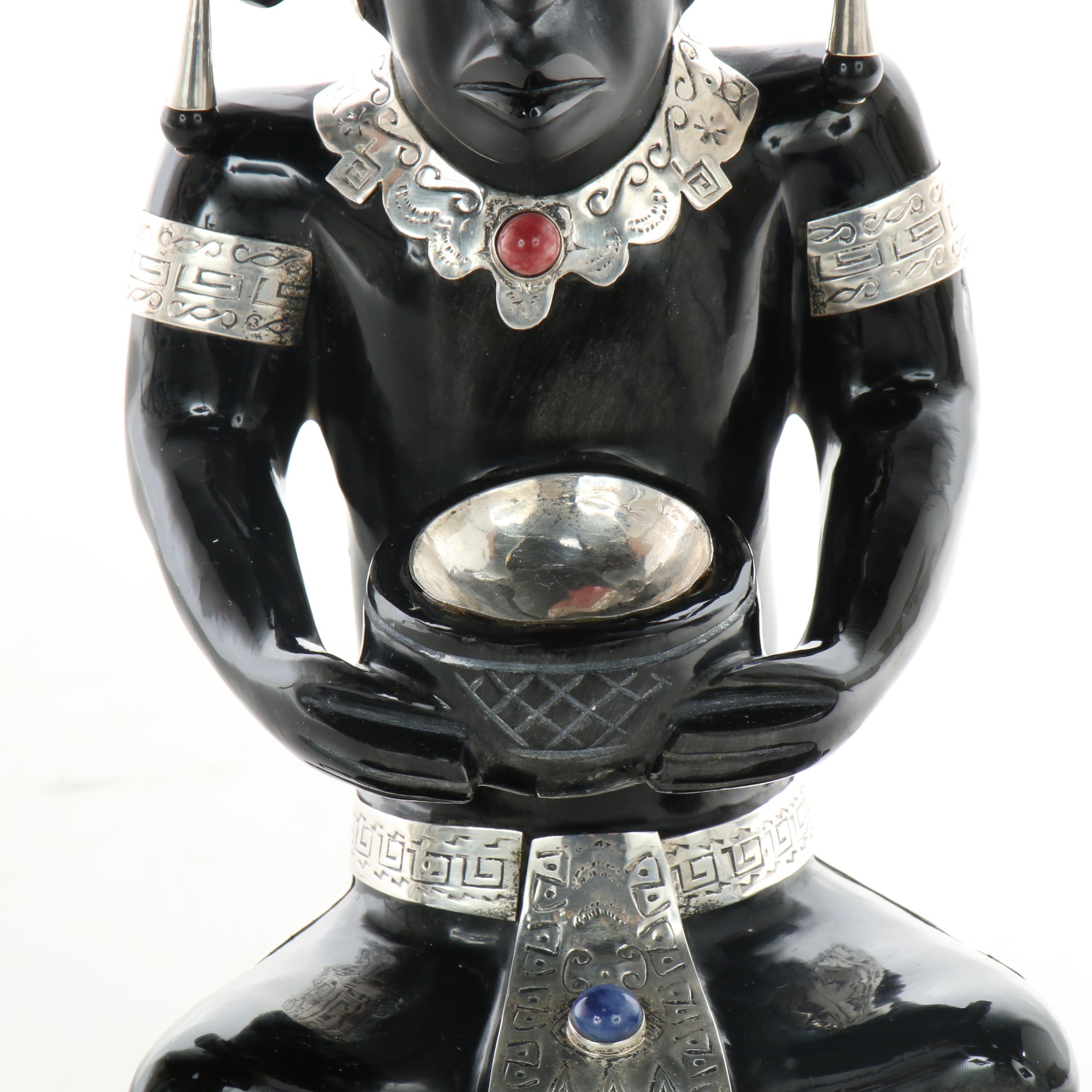 Obsidian, Sterling Silver, and Semi-Precious Stone Mayan Style Figure Sculpture