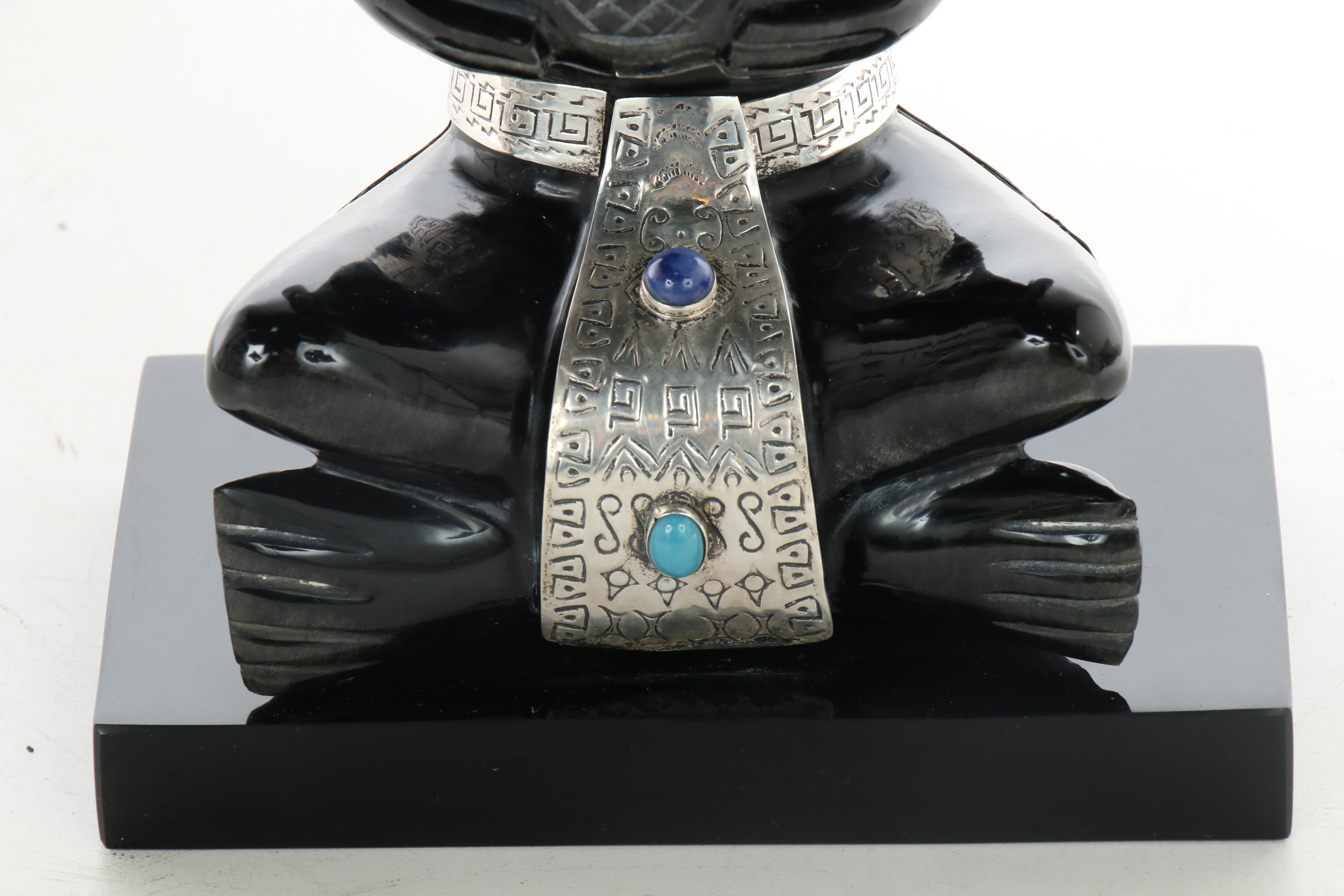 Obsidian, Sterling Silver, and Semi-Precious Stone Mayan Style Figure Sculpture