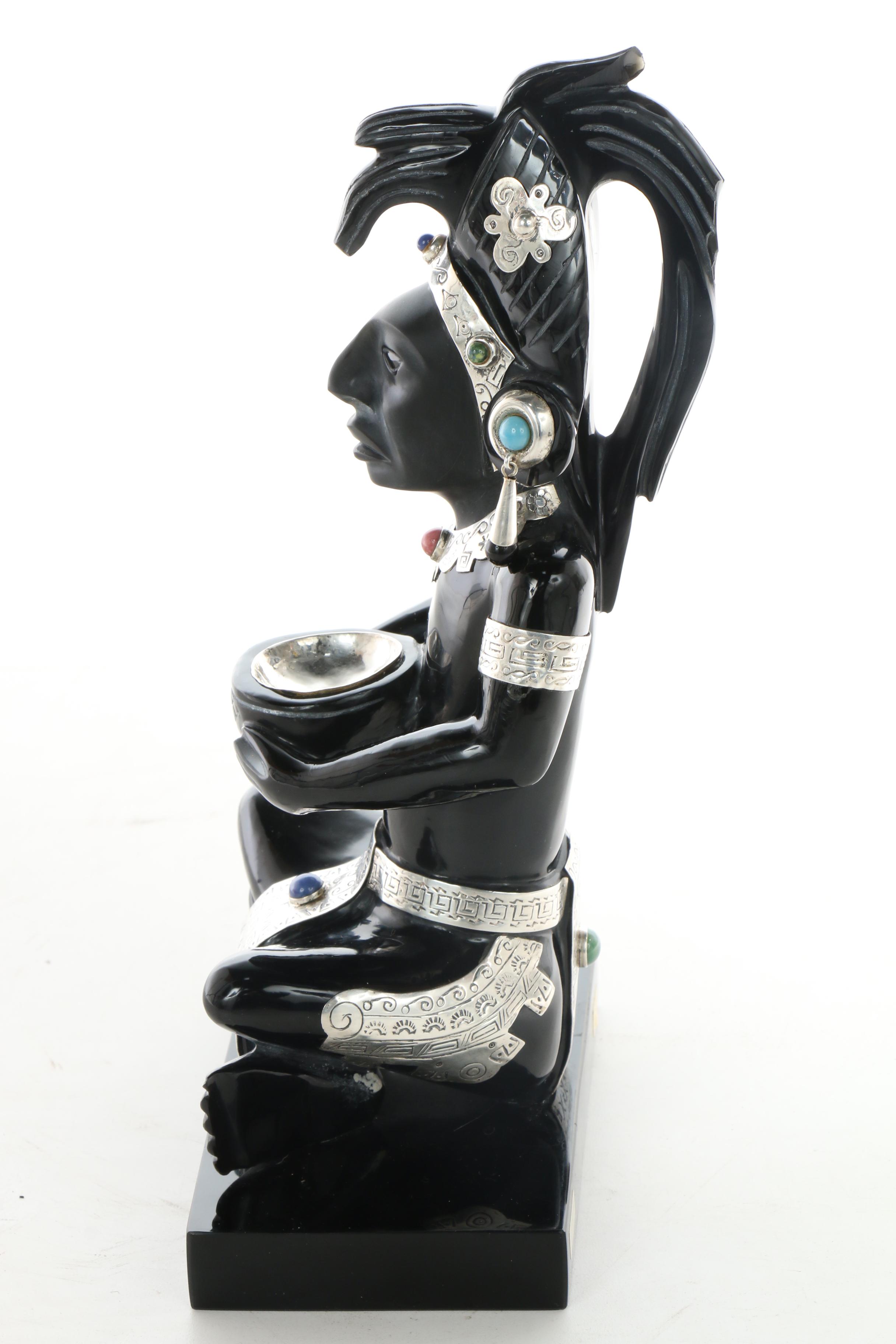 Obsidian, Sterling Silver, and Semi-Precious Stone Mayan Style Figure Sculpture