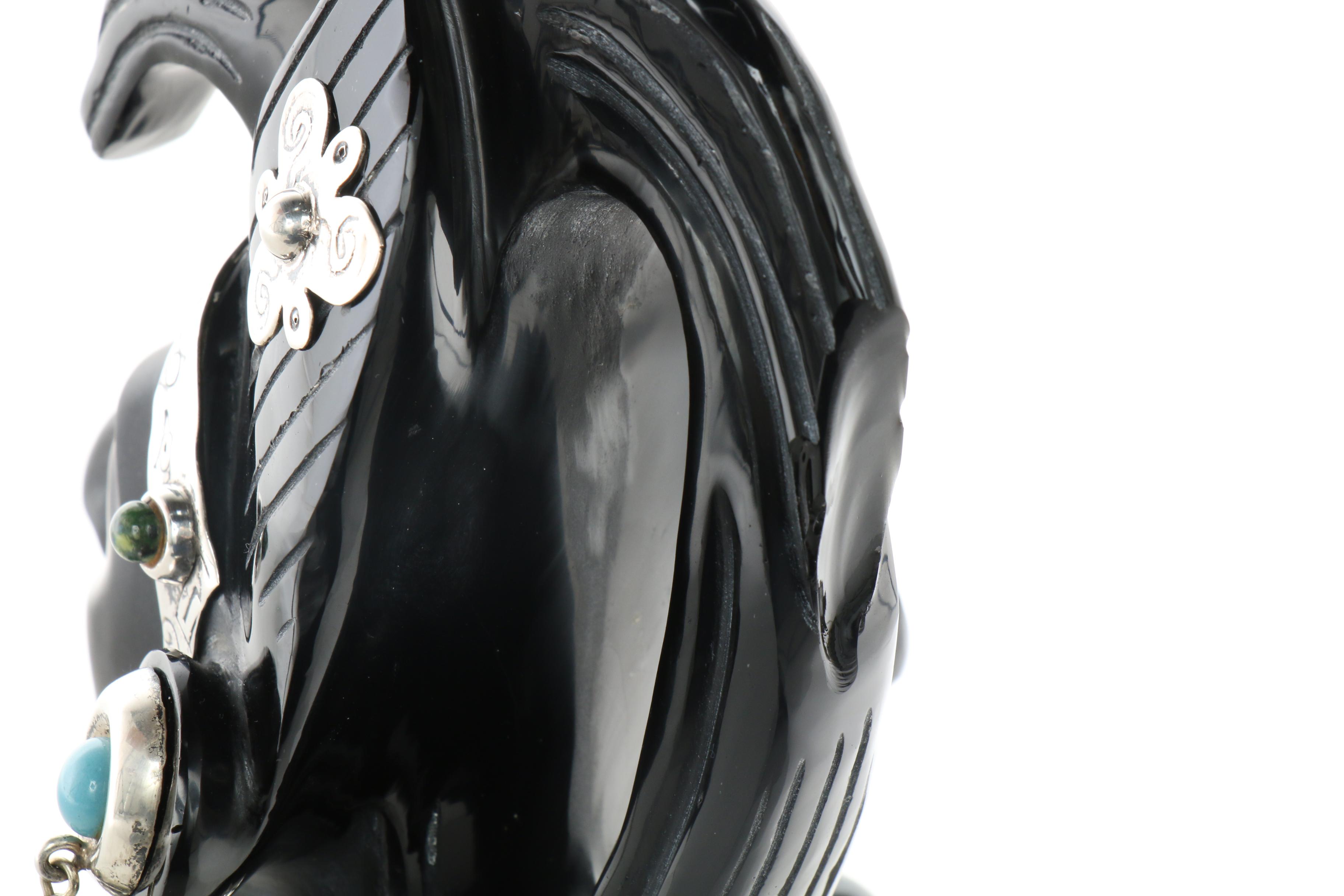 Obsidian, Sterling Silver, and Semi-Precious Stone Mayan Style Figure Sculpture