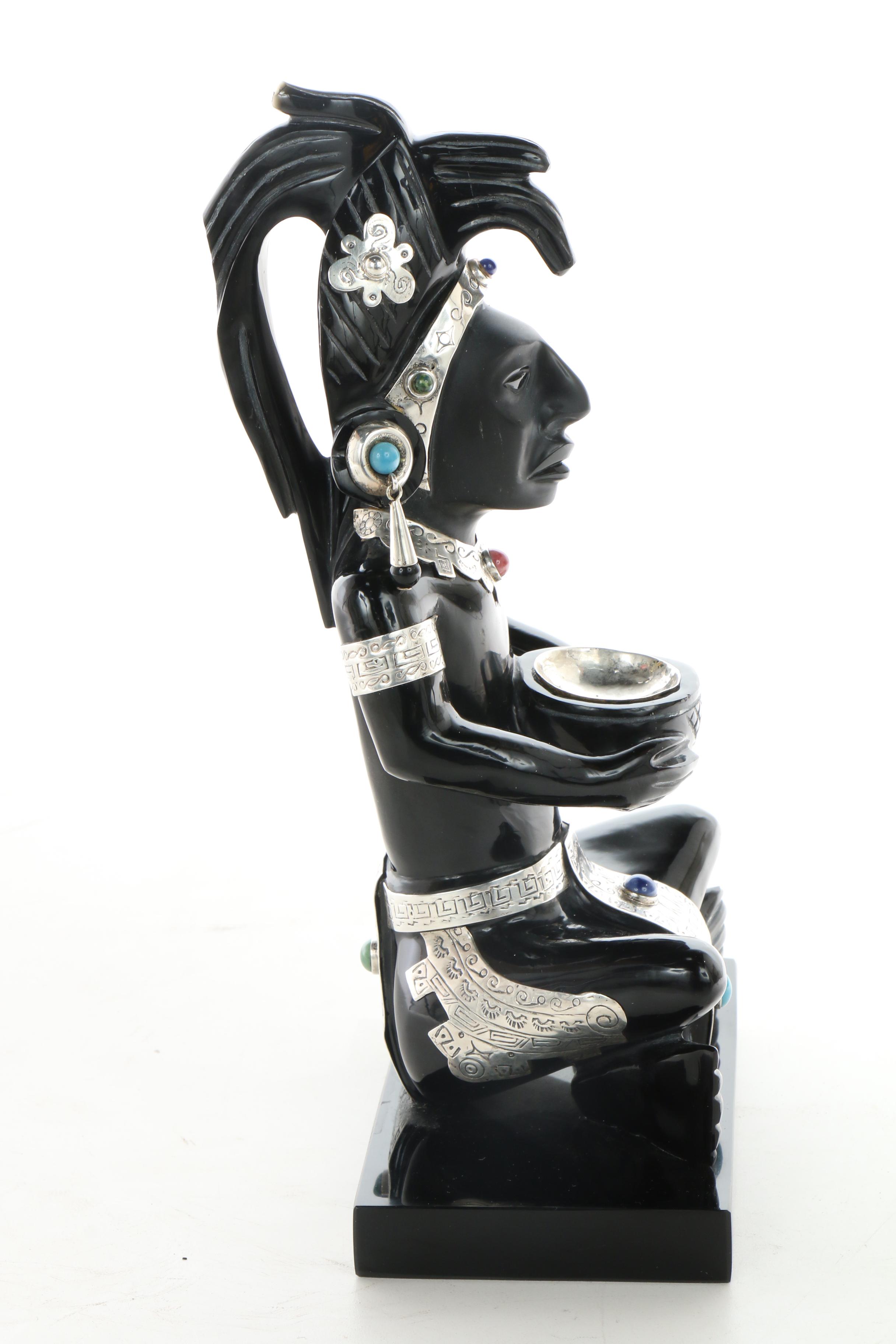 Obsidian, Sterling Silver, and Semi-Precious Stone Mayan Style Figure Sculpture