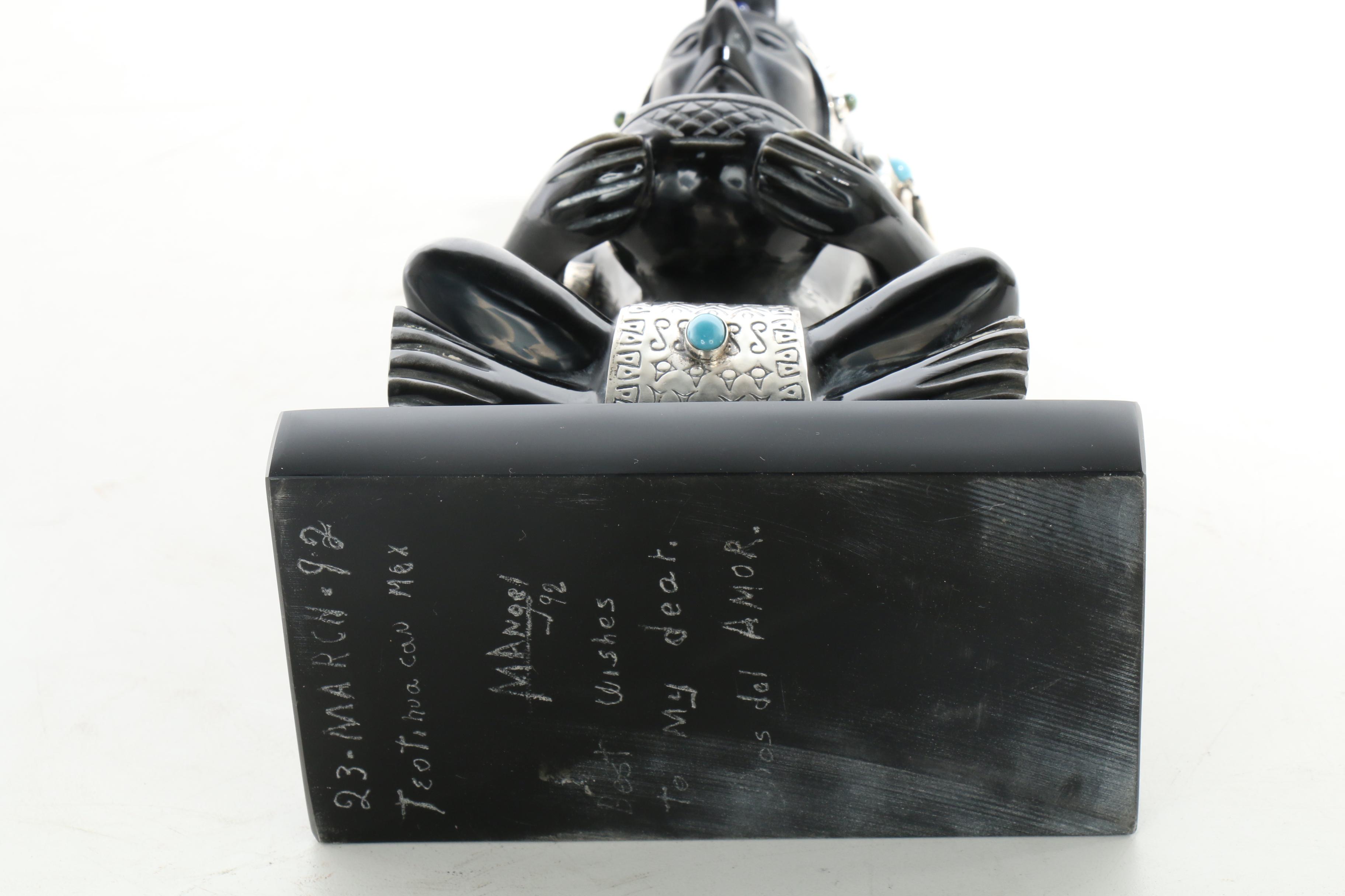 Obsidian, Sterling Silver, and Semi-Precious Stone Mayan Style Figure Sculpture