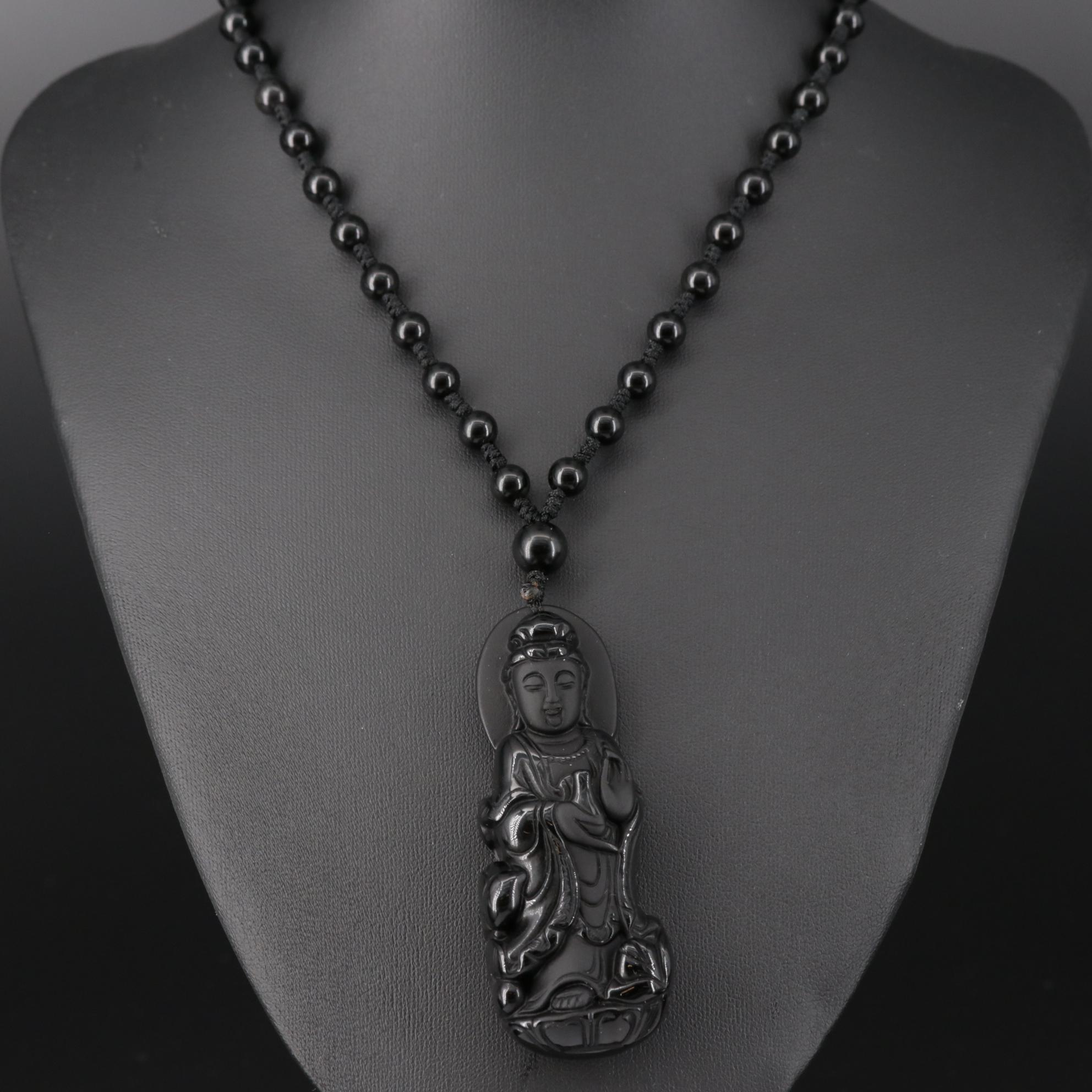 Beaded Obsidian Buddha Necklace