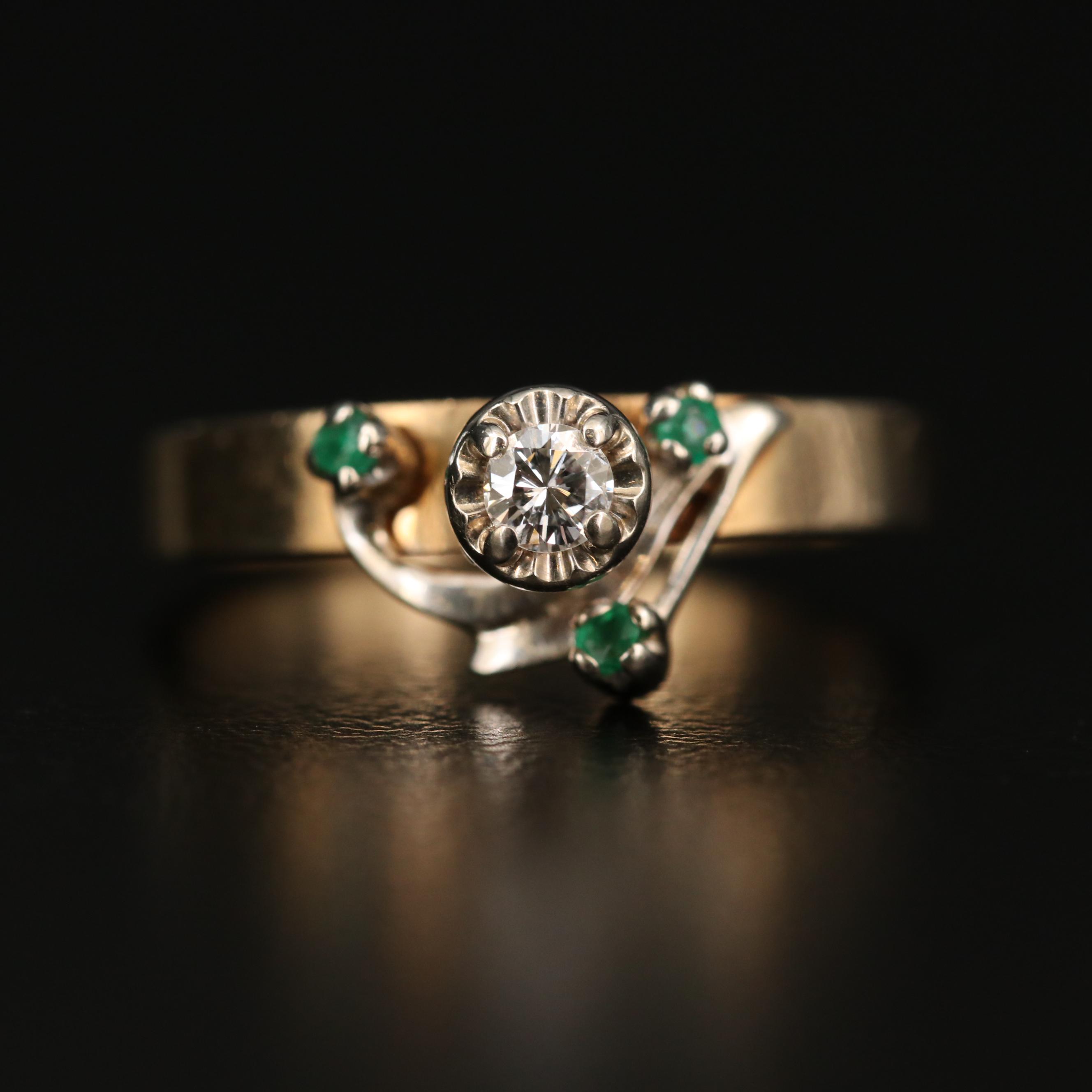 14K Gold Diamond Ring Accented by a Trio of Emeralds