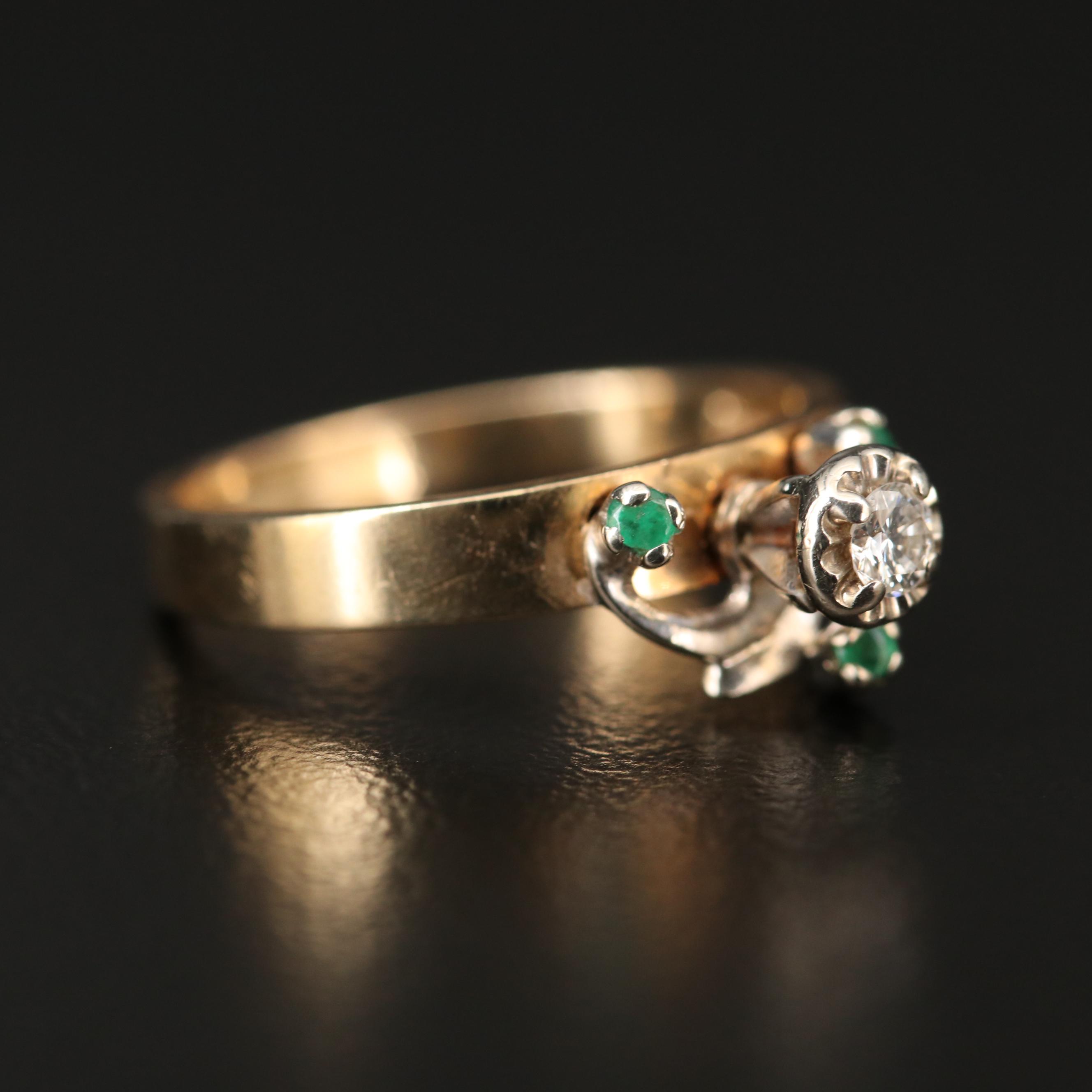 14K Gold Diamond Ring Accented by a Trio of Emeralds