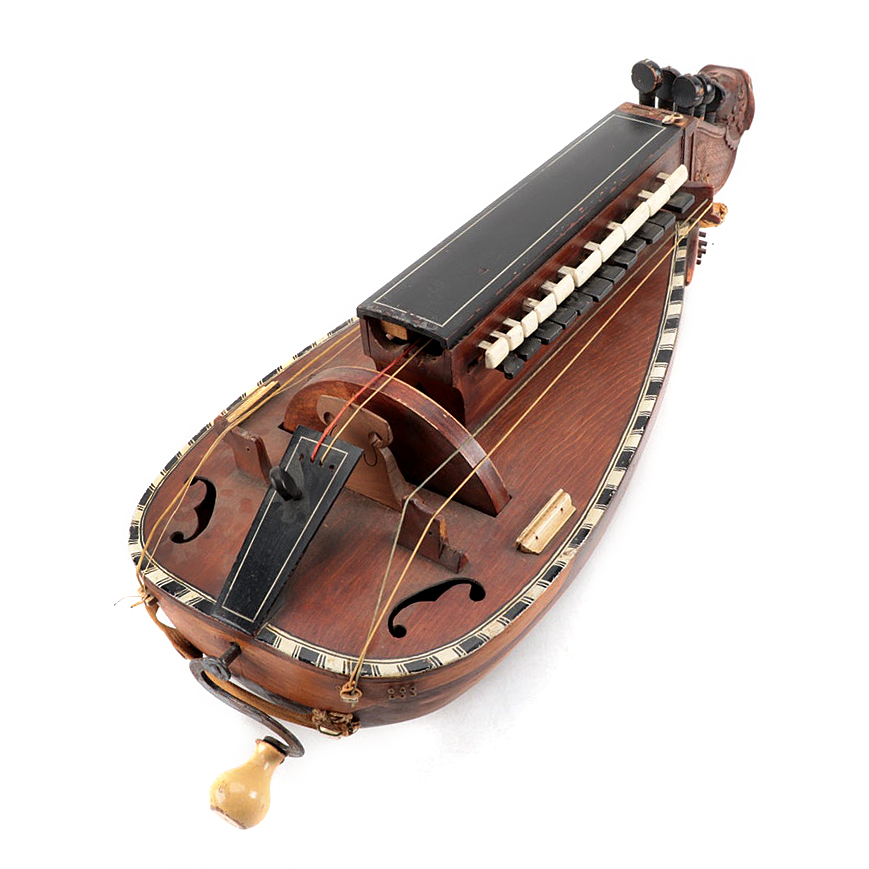 Lute-Backed Hurdy-Gurdy Stringed Instrument with Case, Vintage