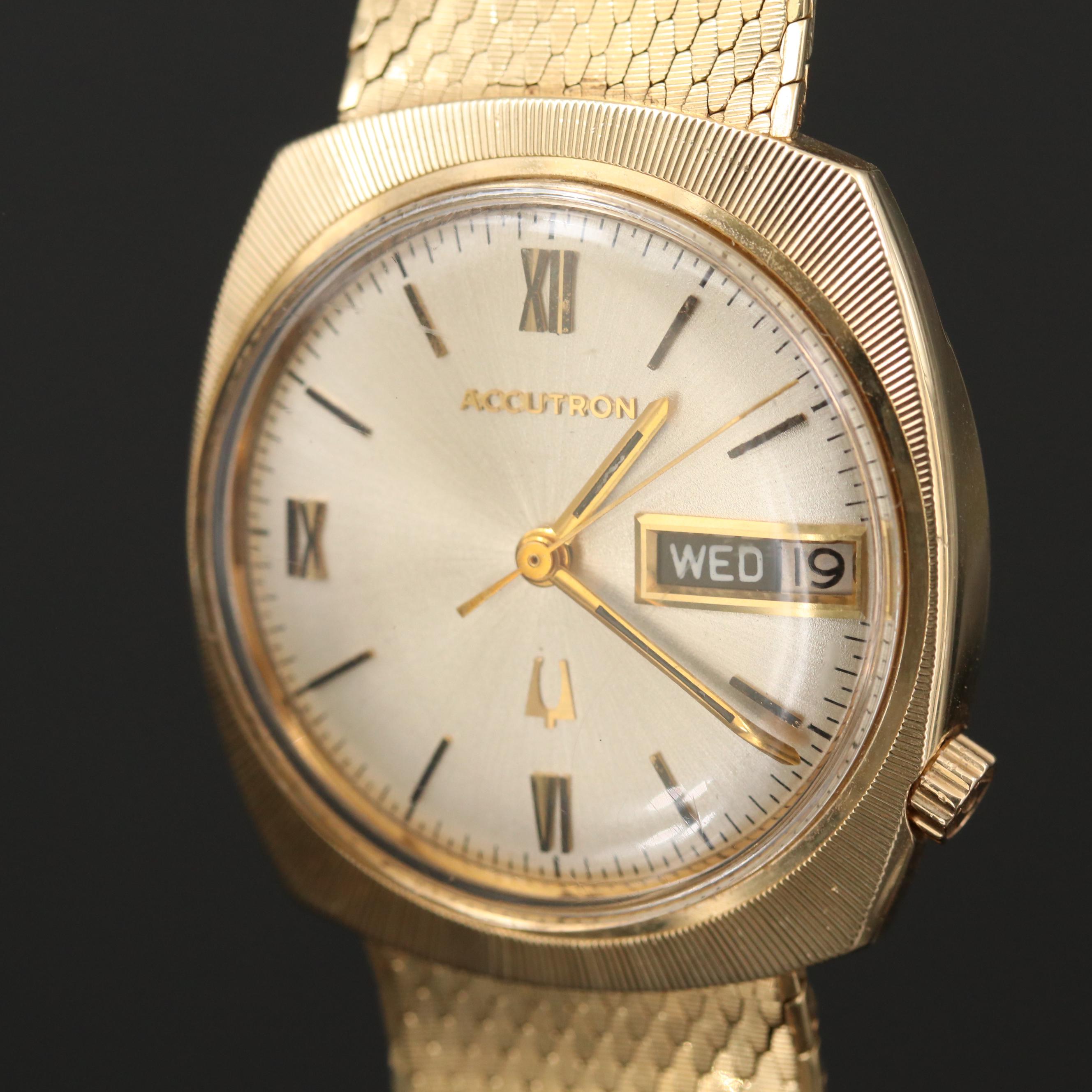 Vintage Bulova Accutron 14K Gold Watch With Date, 1971