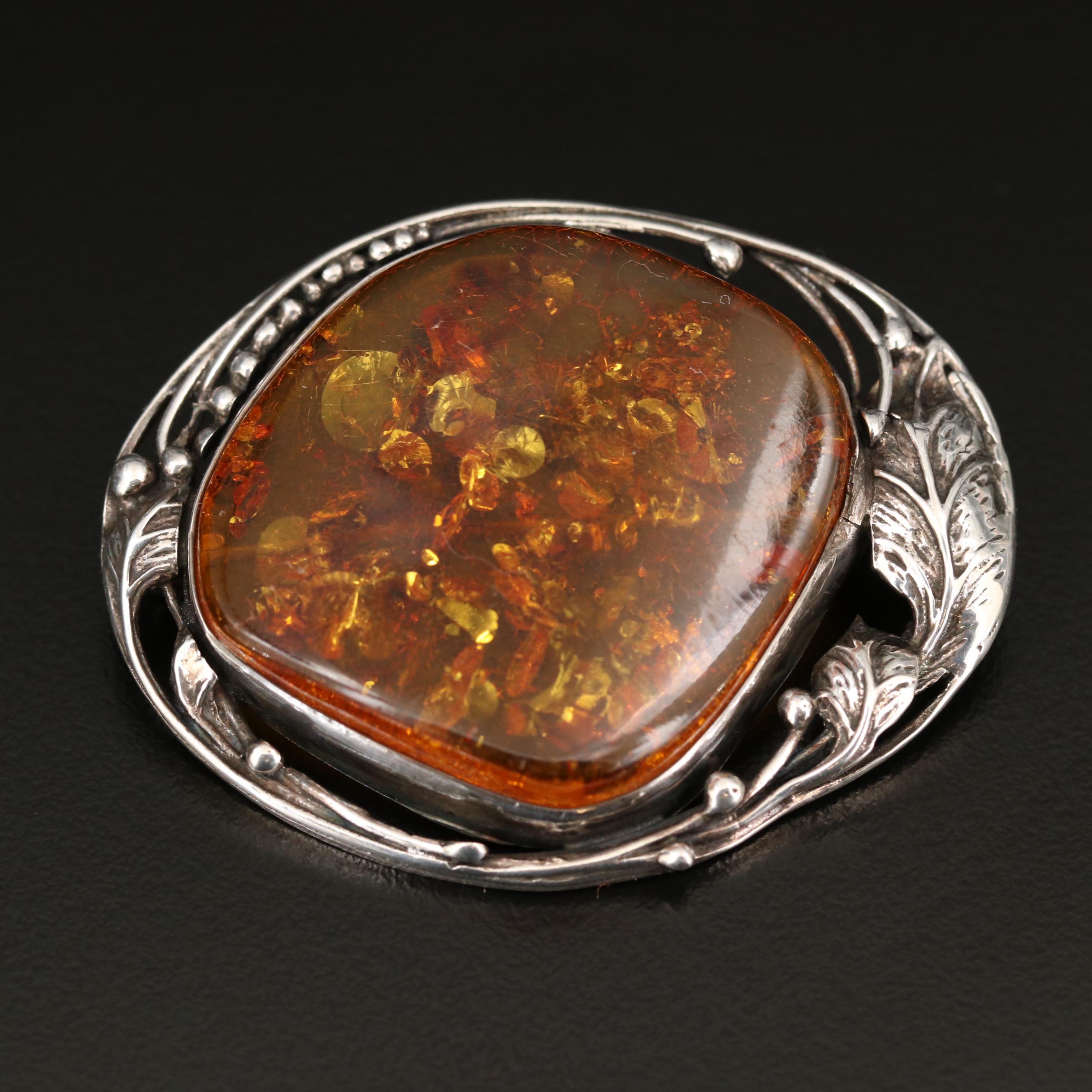 Sterling Silver Amber Brooch