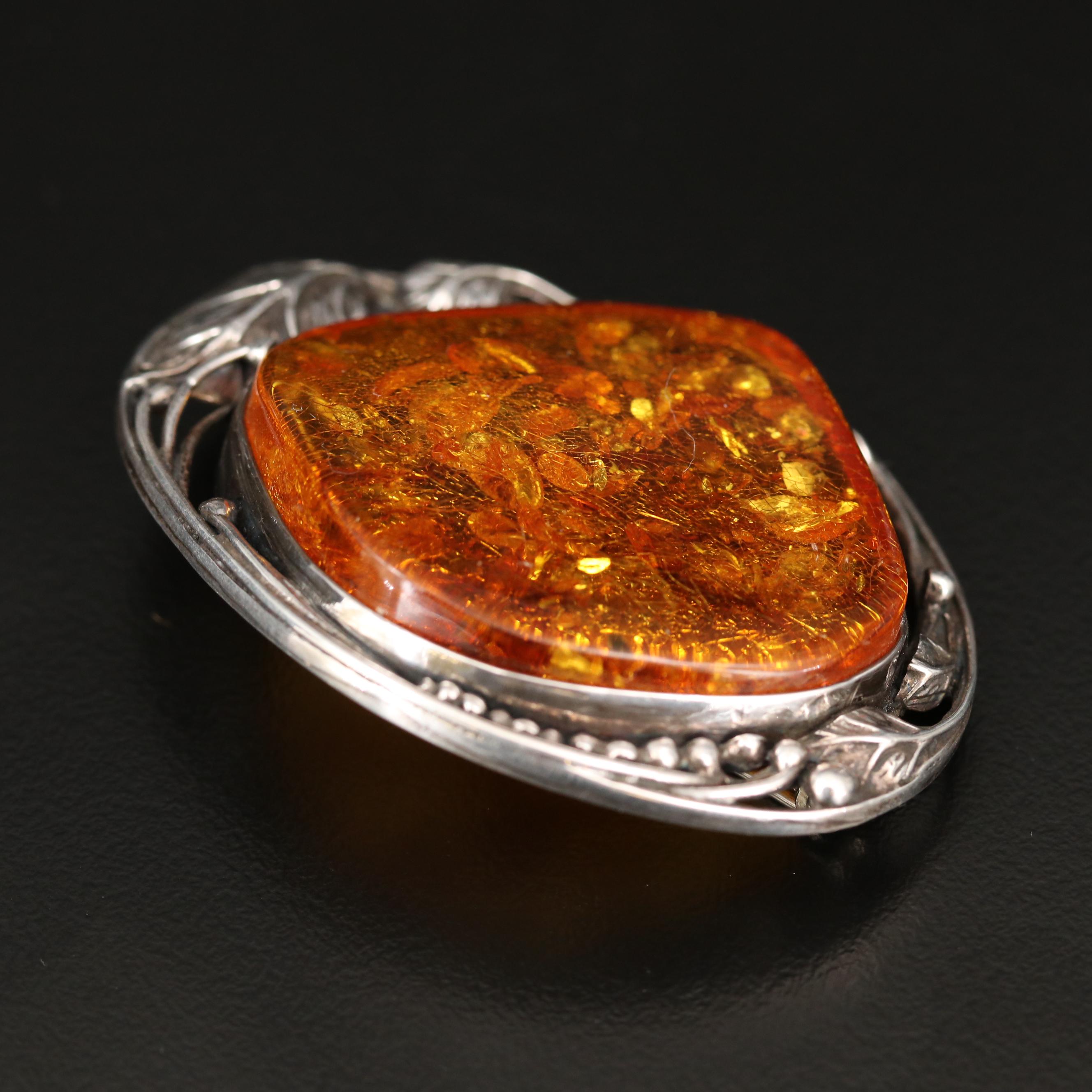 Sterling Silver Amber Brooch