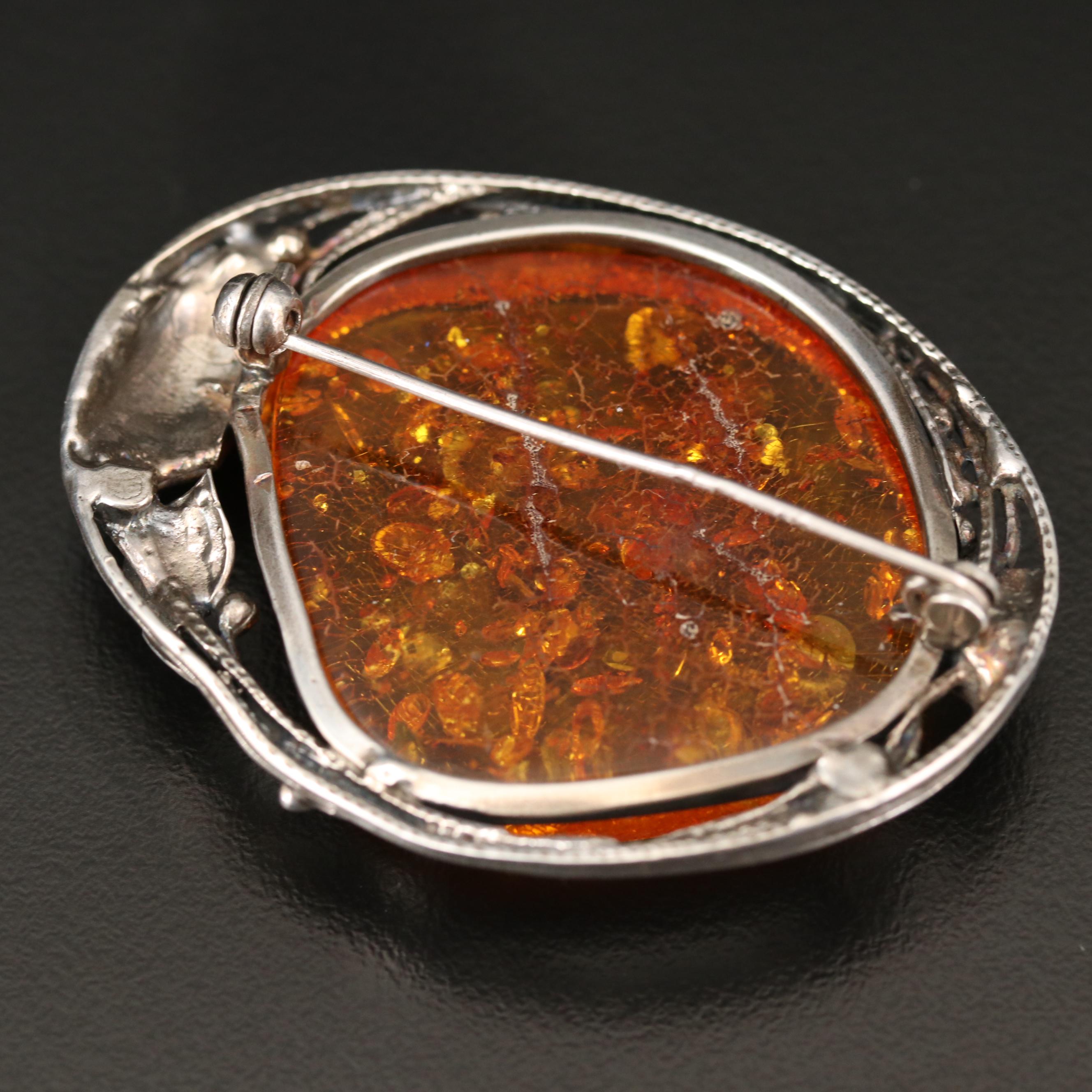 Sterling Silver Amber Brooch