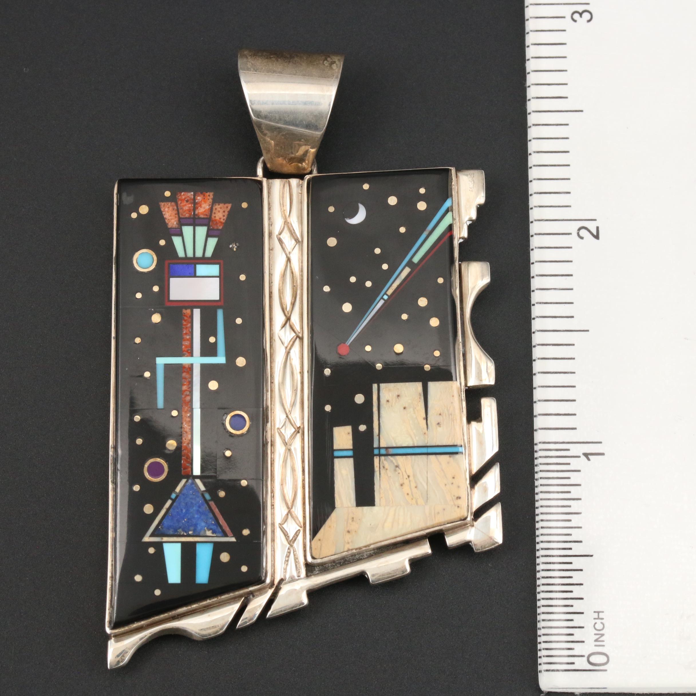 Melvin Cleveland Navajo Diné Sterling Pendant with Black Onyx, Coral and More