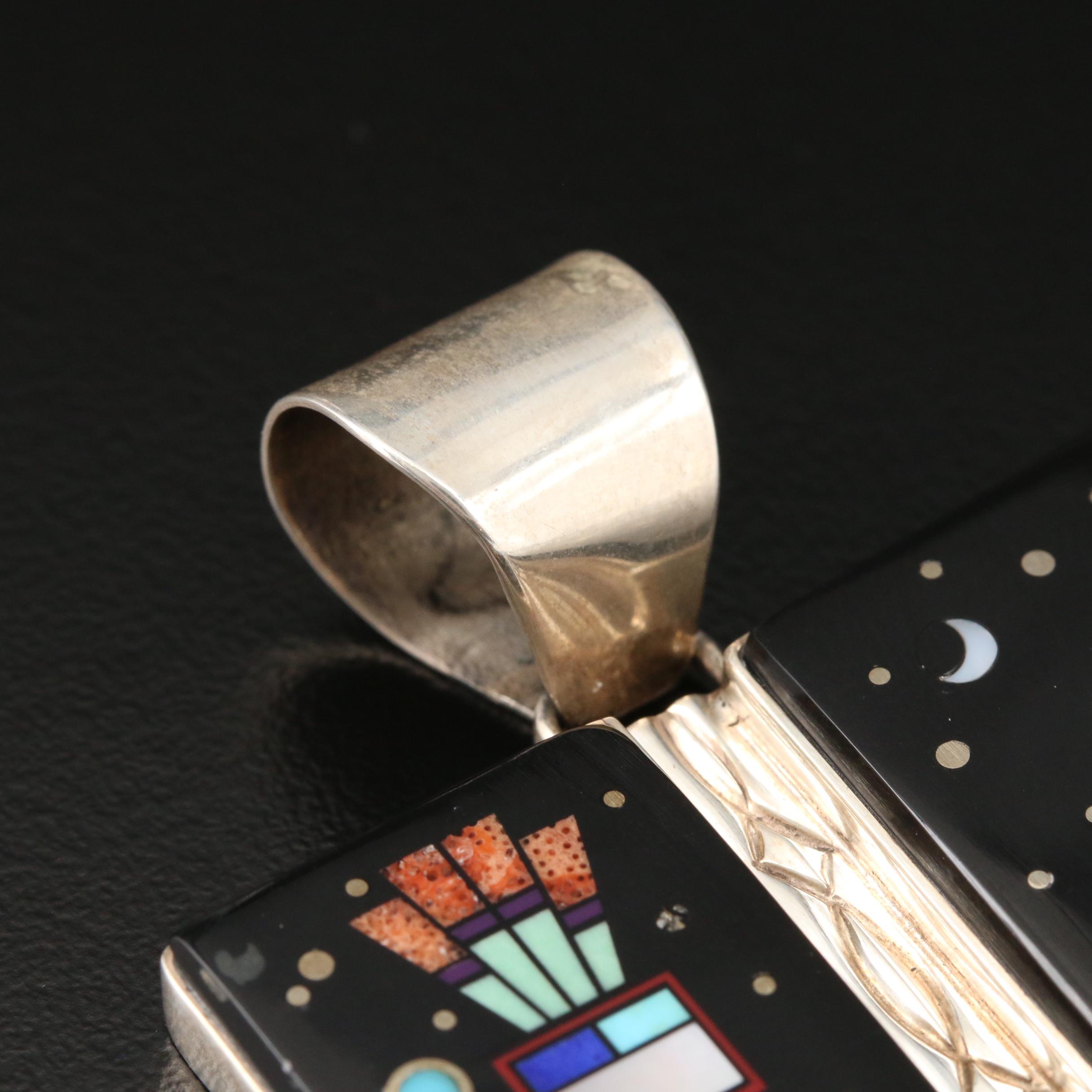 Melvin Cleveland Navajo Diné Sterling Pendant with Black Onyx, Coral and More