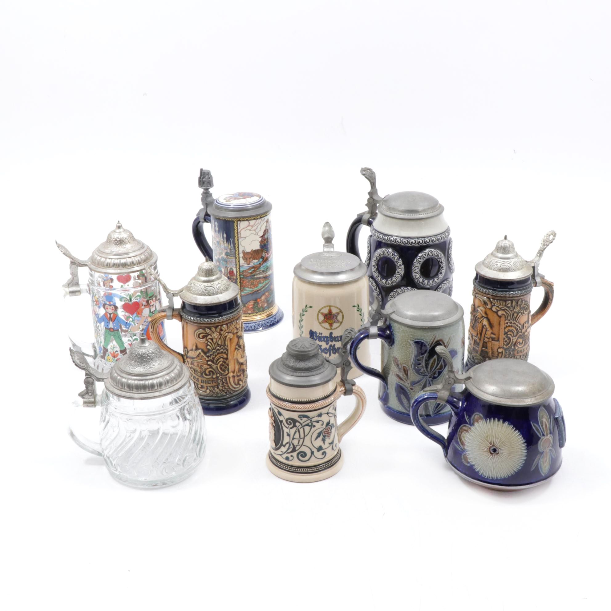 German Glass and Ceramic Steins Including Dümler & Breiden, BMF, and Balzar-Kopp