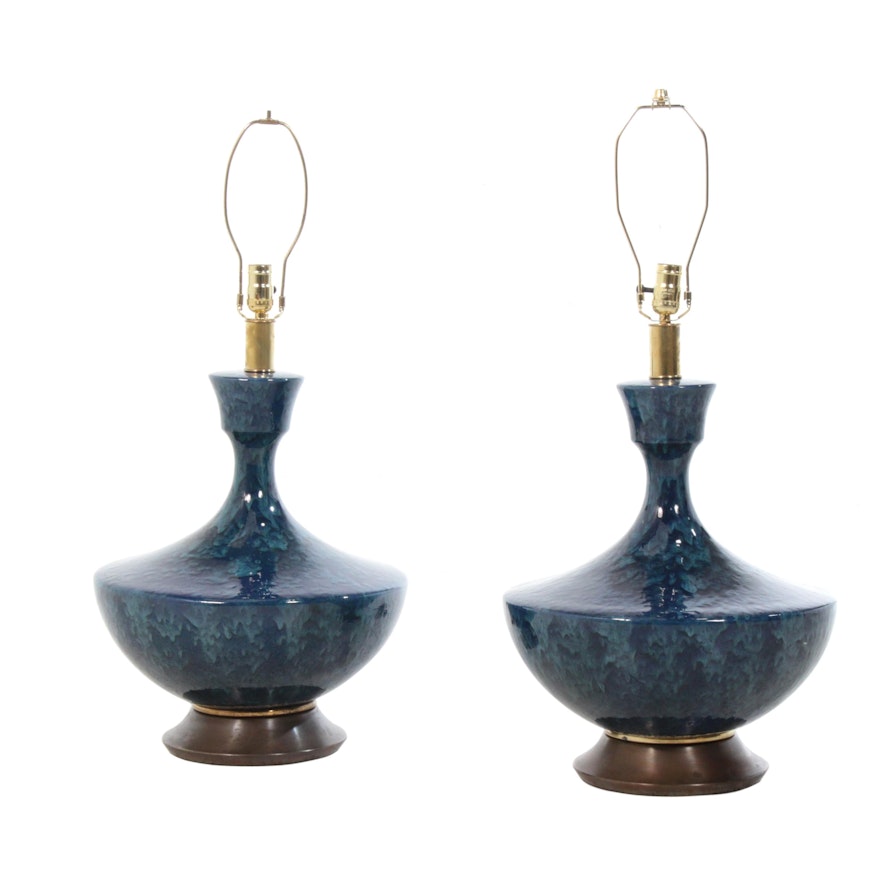 Mid Century Modern Blue Reactive Glaze Ceramic Table Lamps, Mid-20th Century