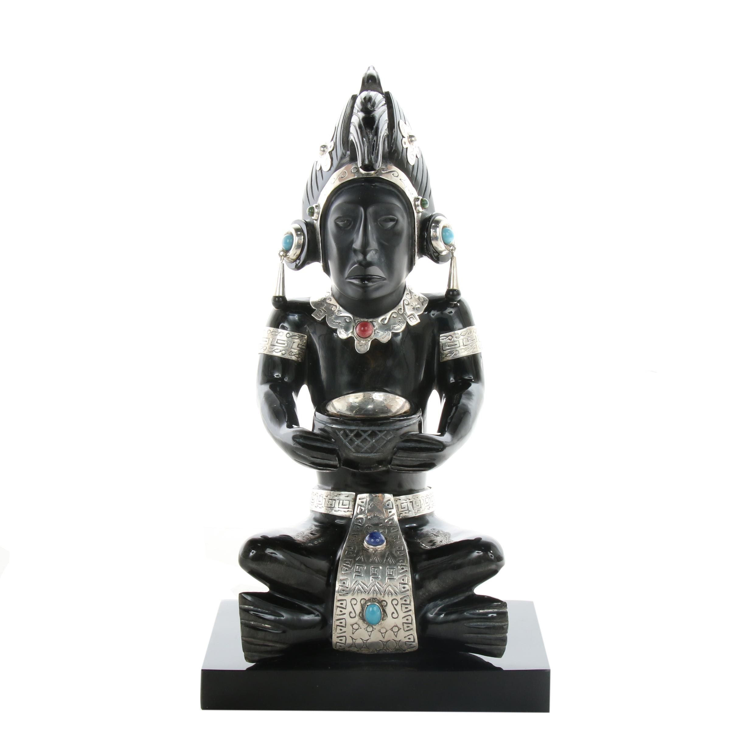 Obsidian, Sterling Silver, and Semi-Precious Stone Mayan Style Figure Sculpture