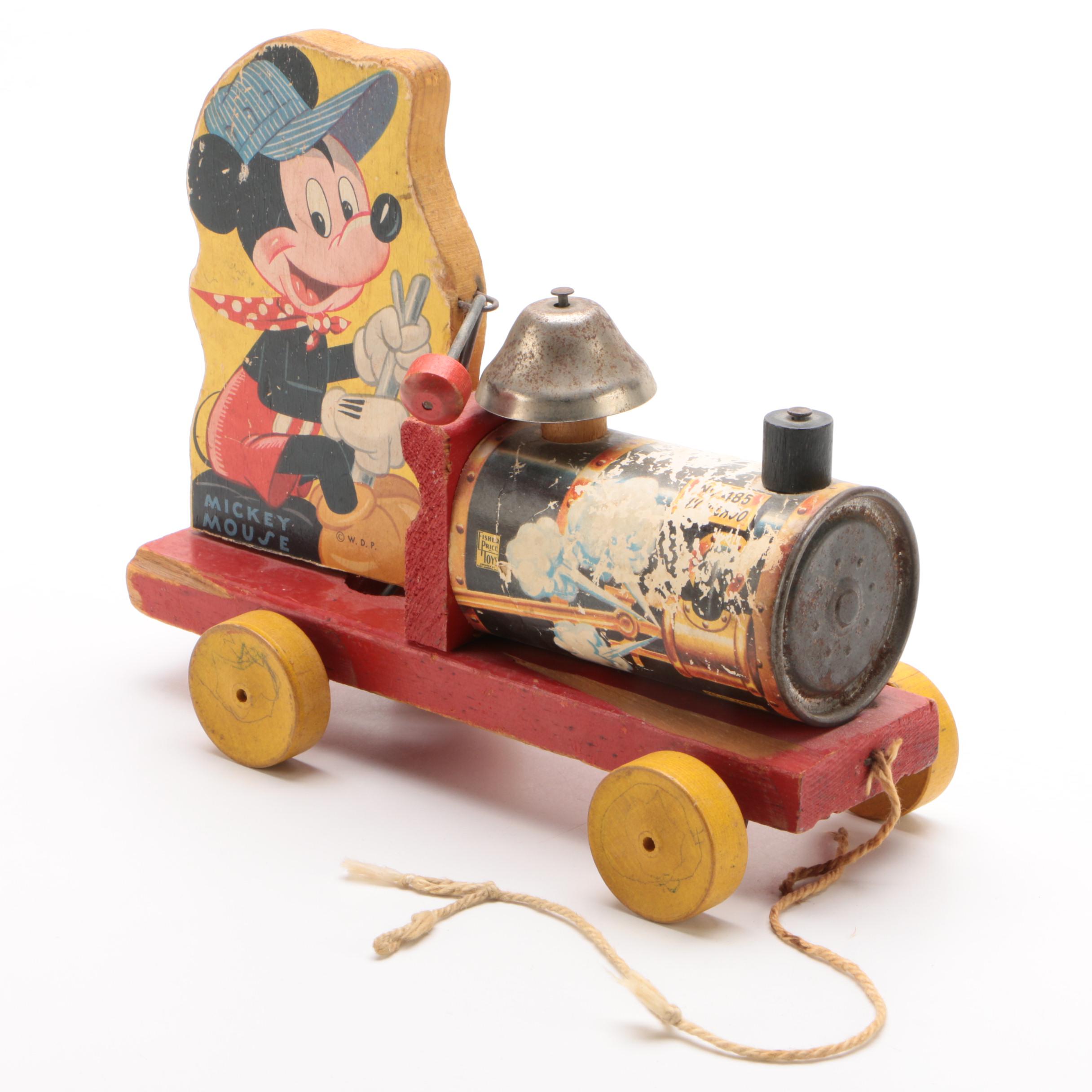 Fisher Price Mickey Mouse "WDP" Toy Pull Train with Ringing Bell, 1940s-50s