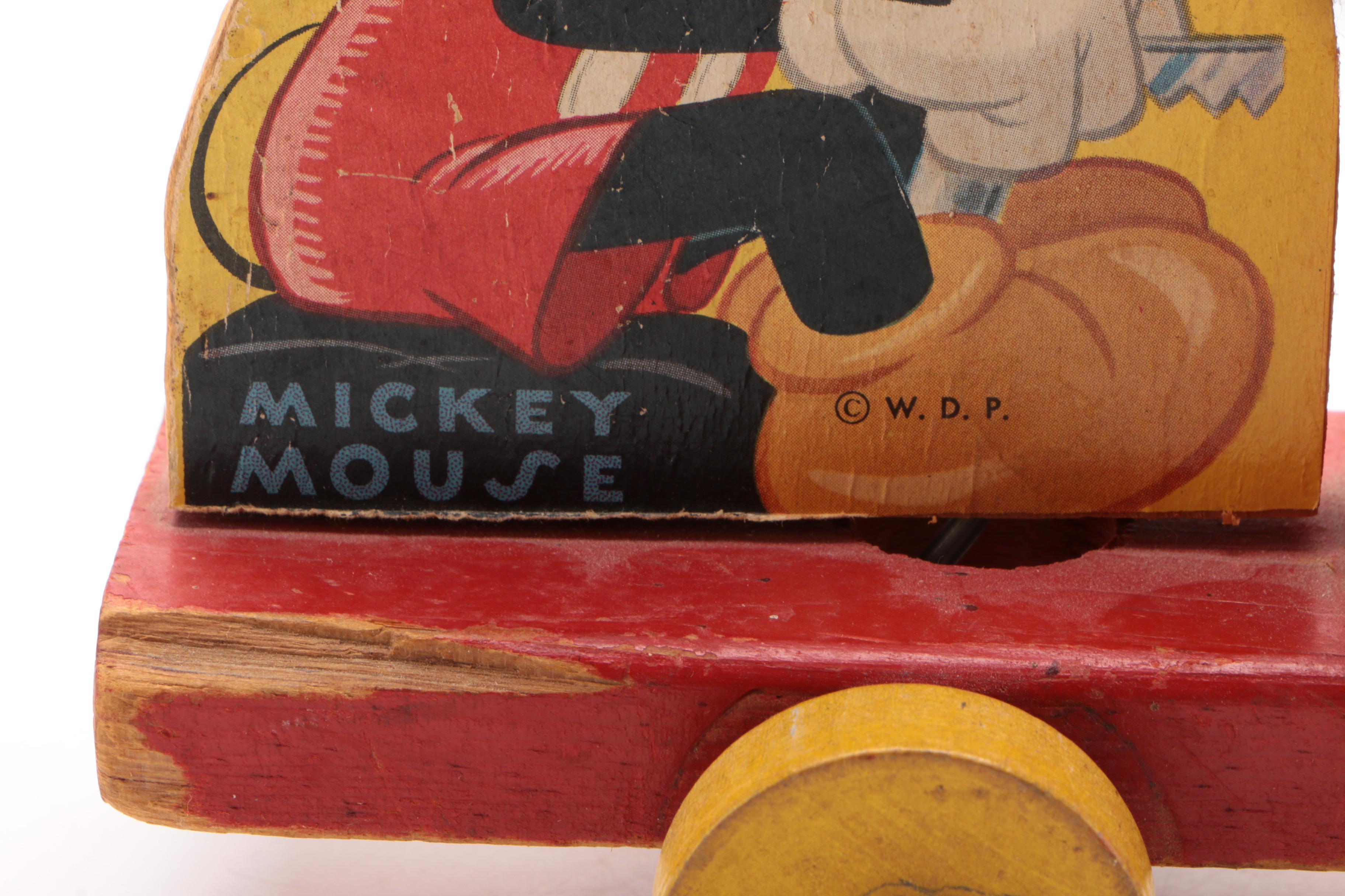 Fisher Price Mickey Mouse "WDP" Toy Pull Train with Ringing Bell, 1940s-50s