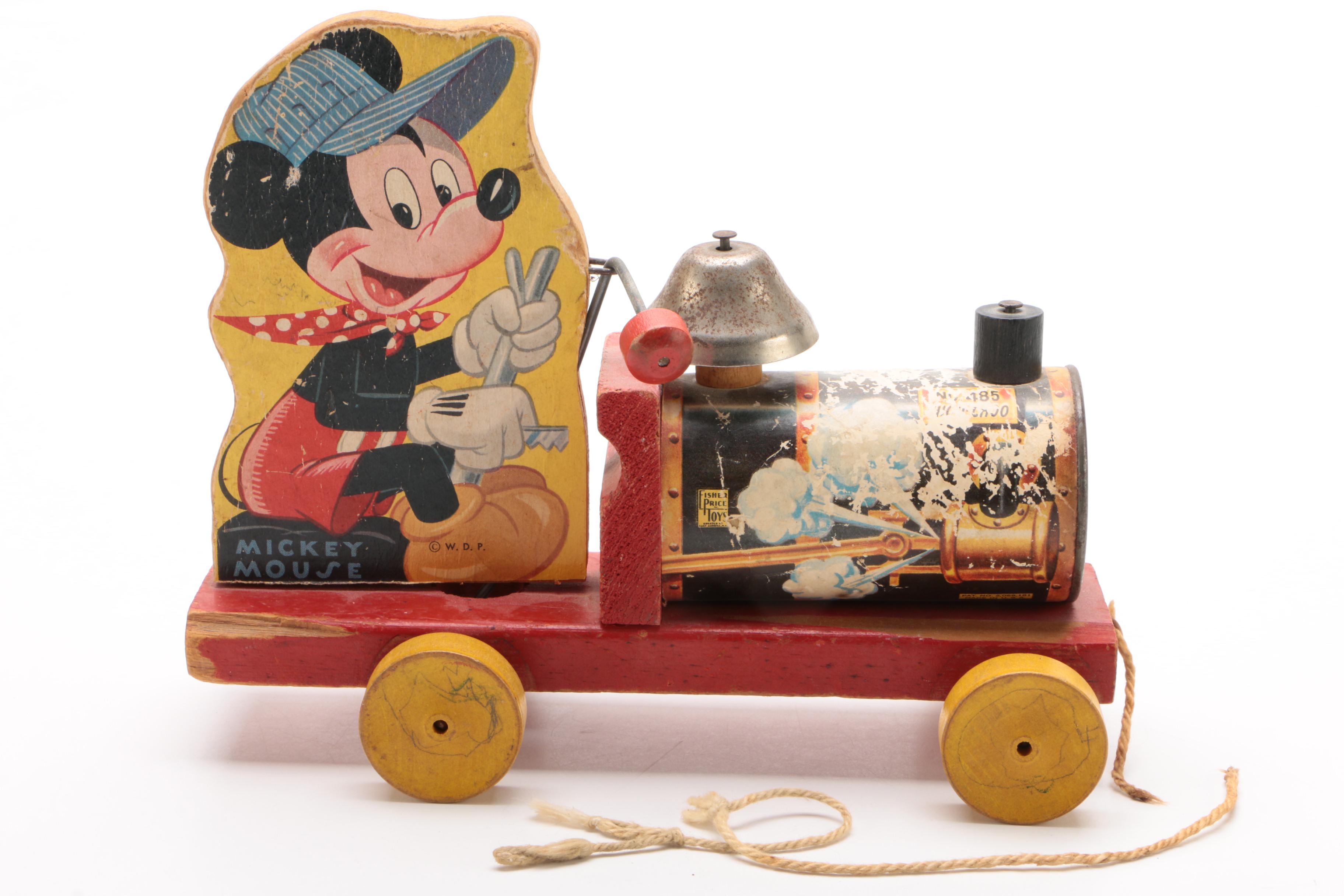 Fisher Price Mickey Mouse "WDP" Toy Pull Train with Ringing Bell, 1940s-50s