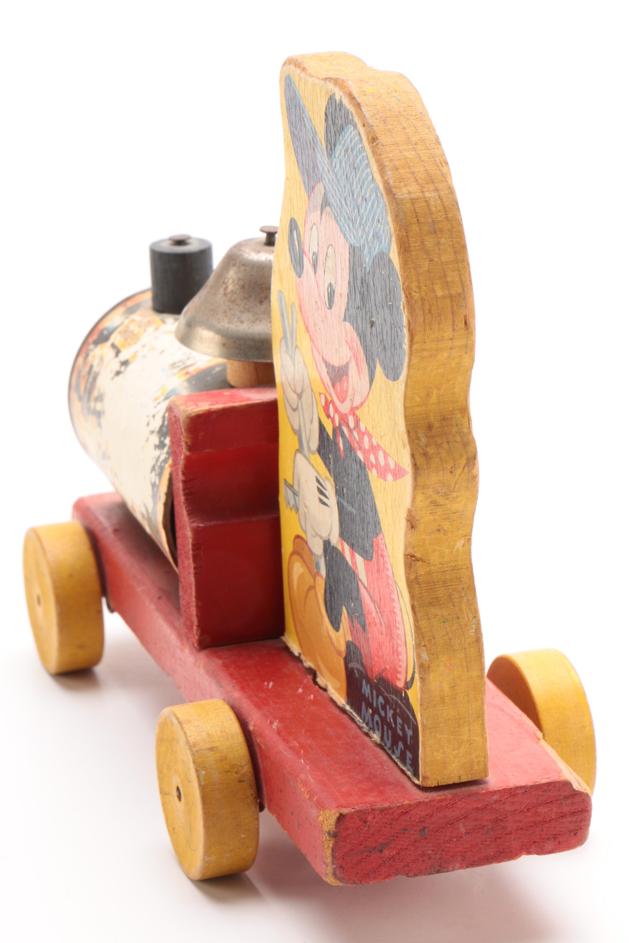 Fisher Price Mickey Mouse "WDP" Toy Pull Train with Ringing Bell, 1940s-50s