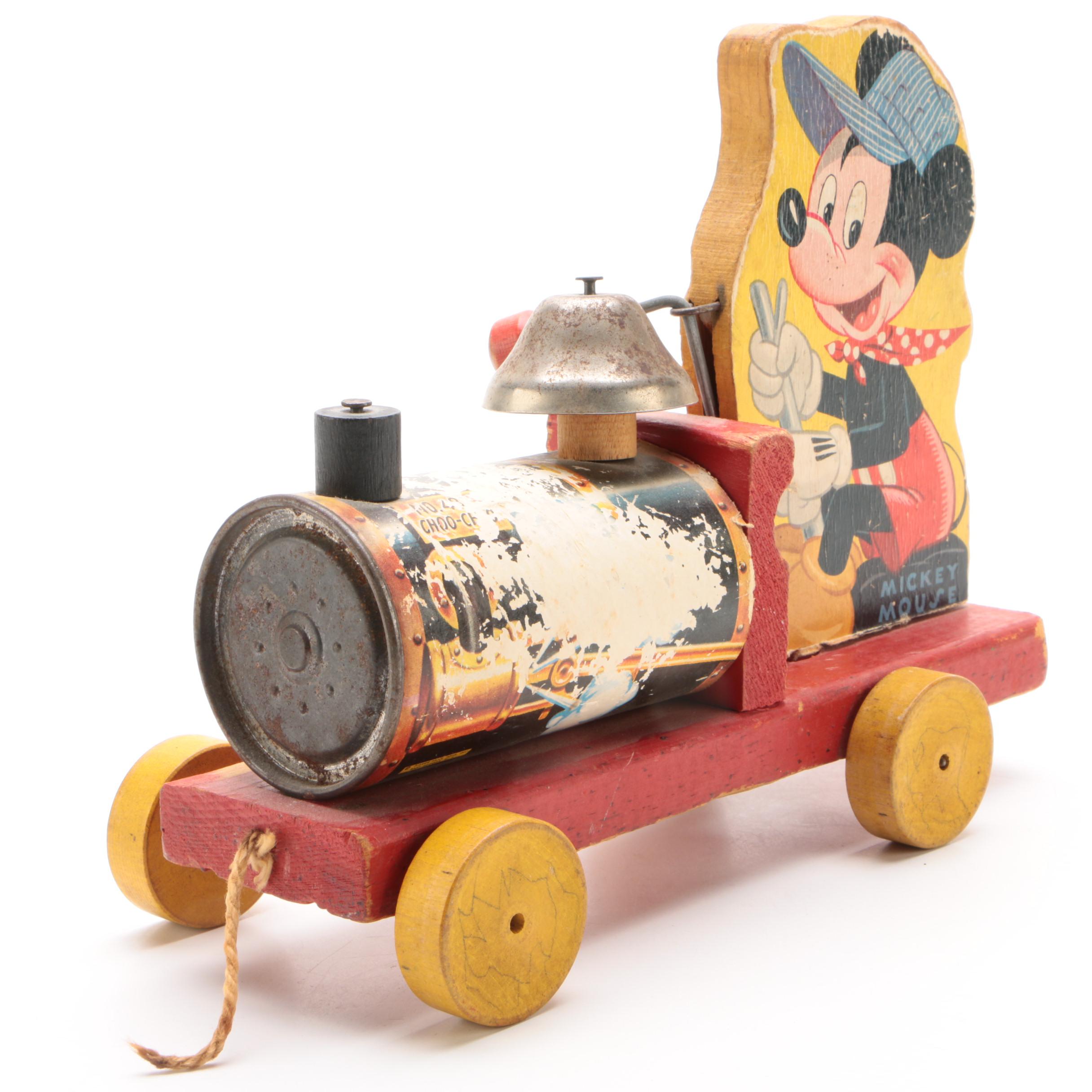 Fisher Price Mickey Mouse "WDP" Toy Pull Train with Ringing Bell, 1940s-50s