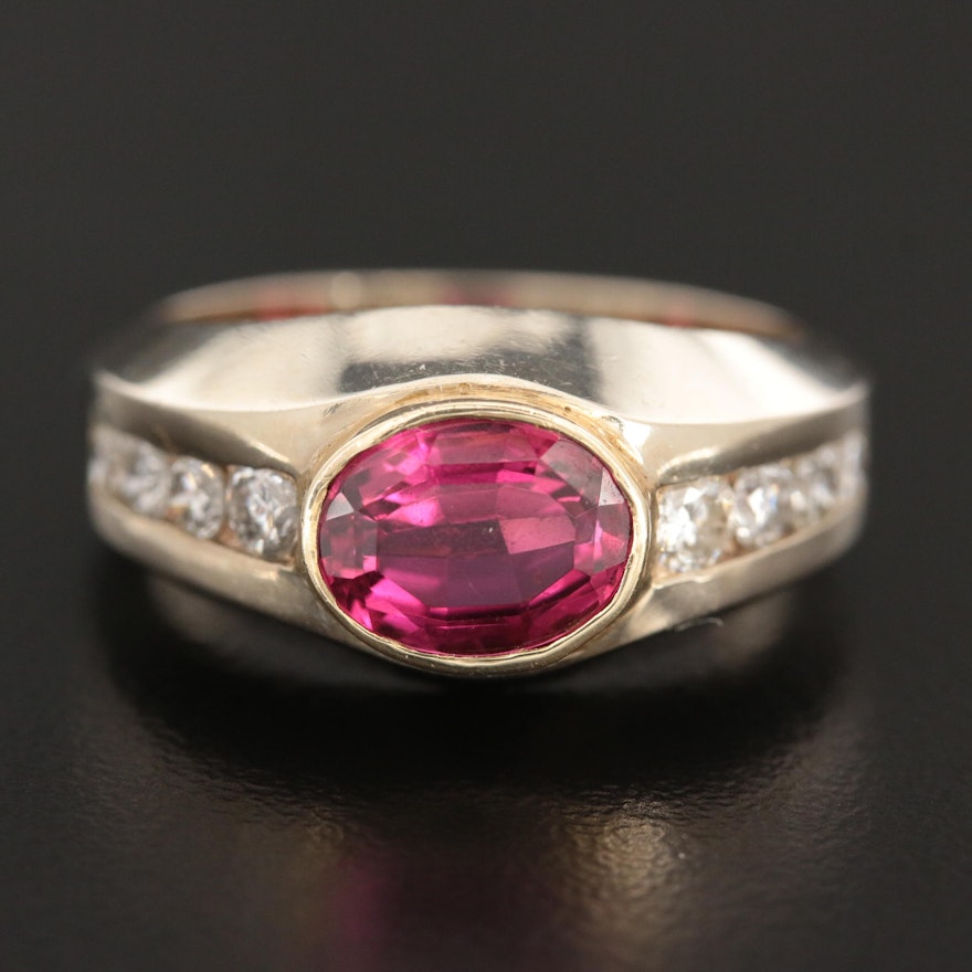 14K White Gold Ring with Rubelite Tourmaline and Diamond and Yellow Gold Bezel