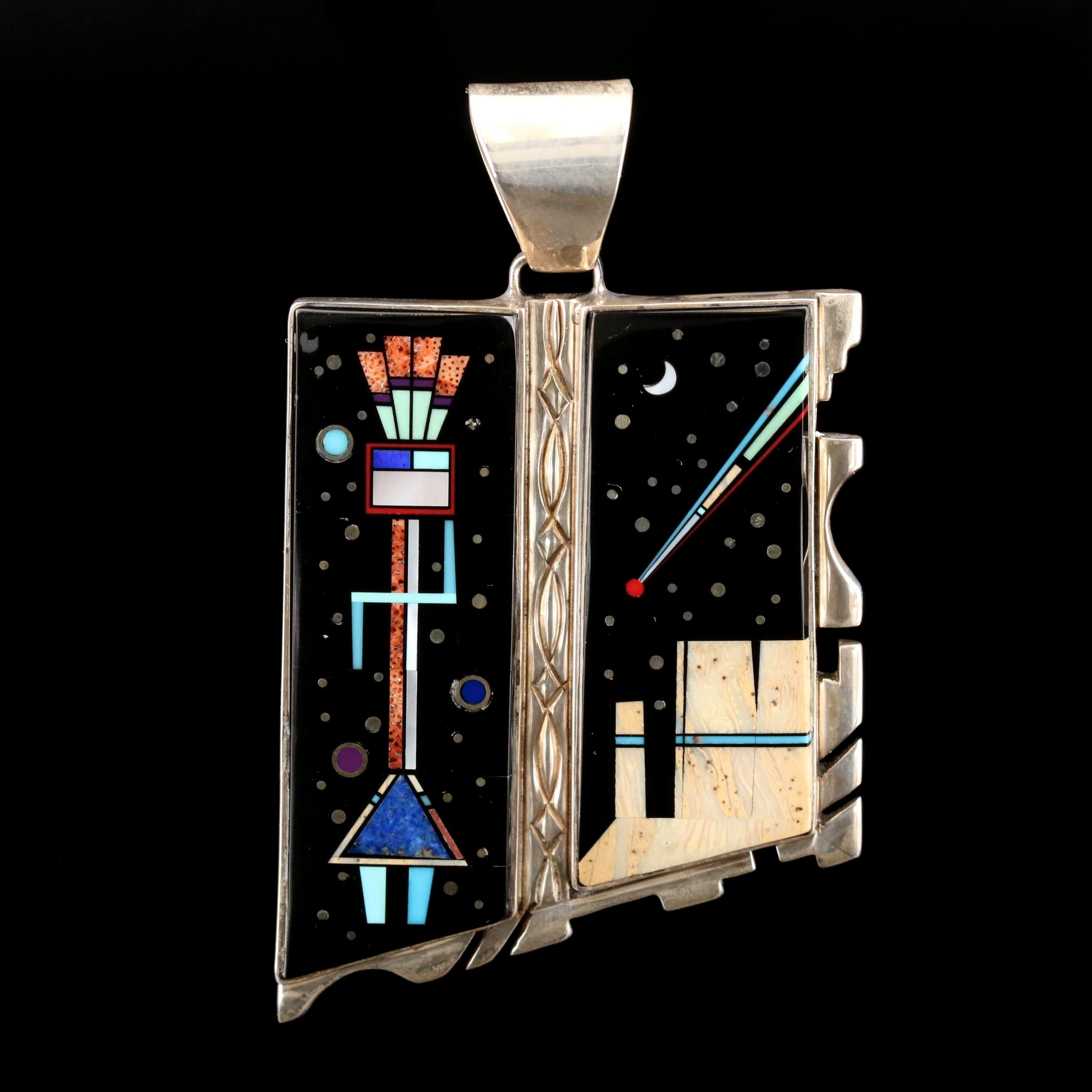 Melvin Cleveland Navajo Diné Sterling Pendant with Black Onyx, Coral and More