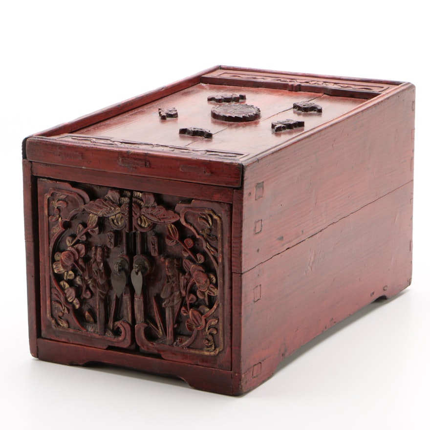 Chinese Red Lacquer and Parcel Gilt Carved Wood Jewelry Chest, Late 19th Century