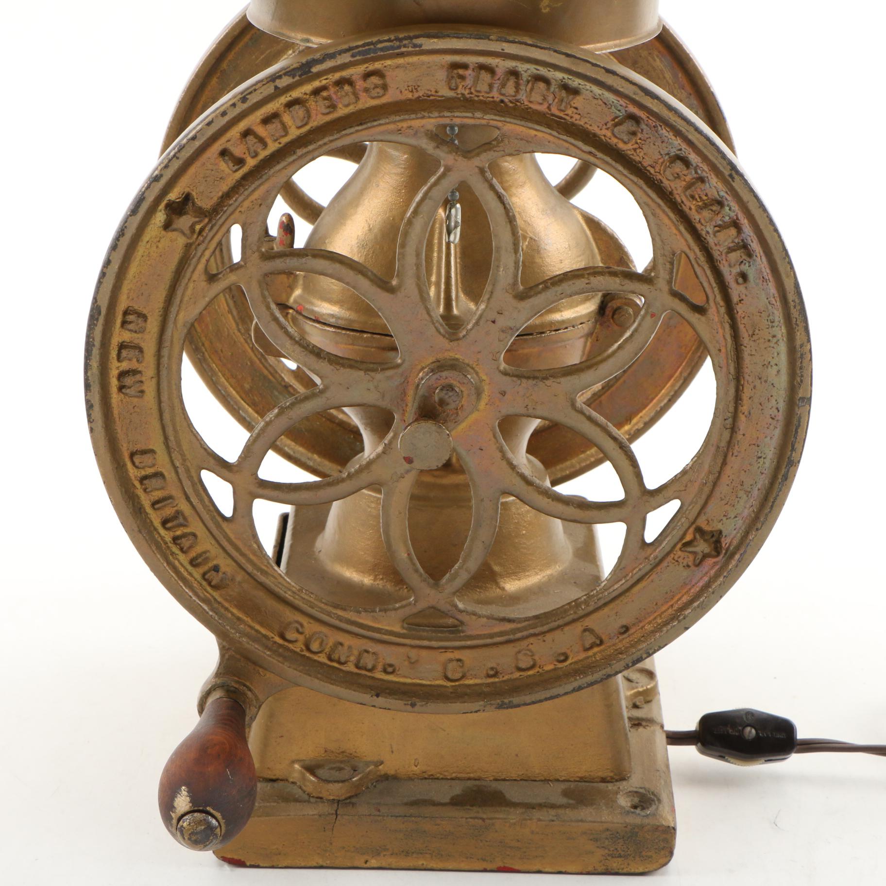 Landers, Frary & Clark Converted Coffee Grinder Table Lamp with Glass Shade