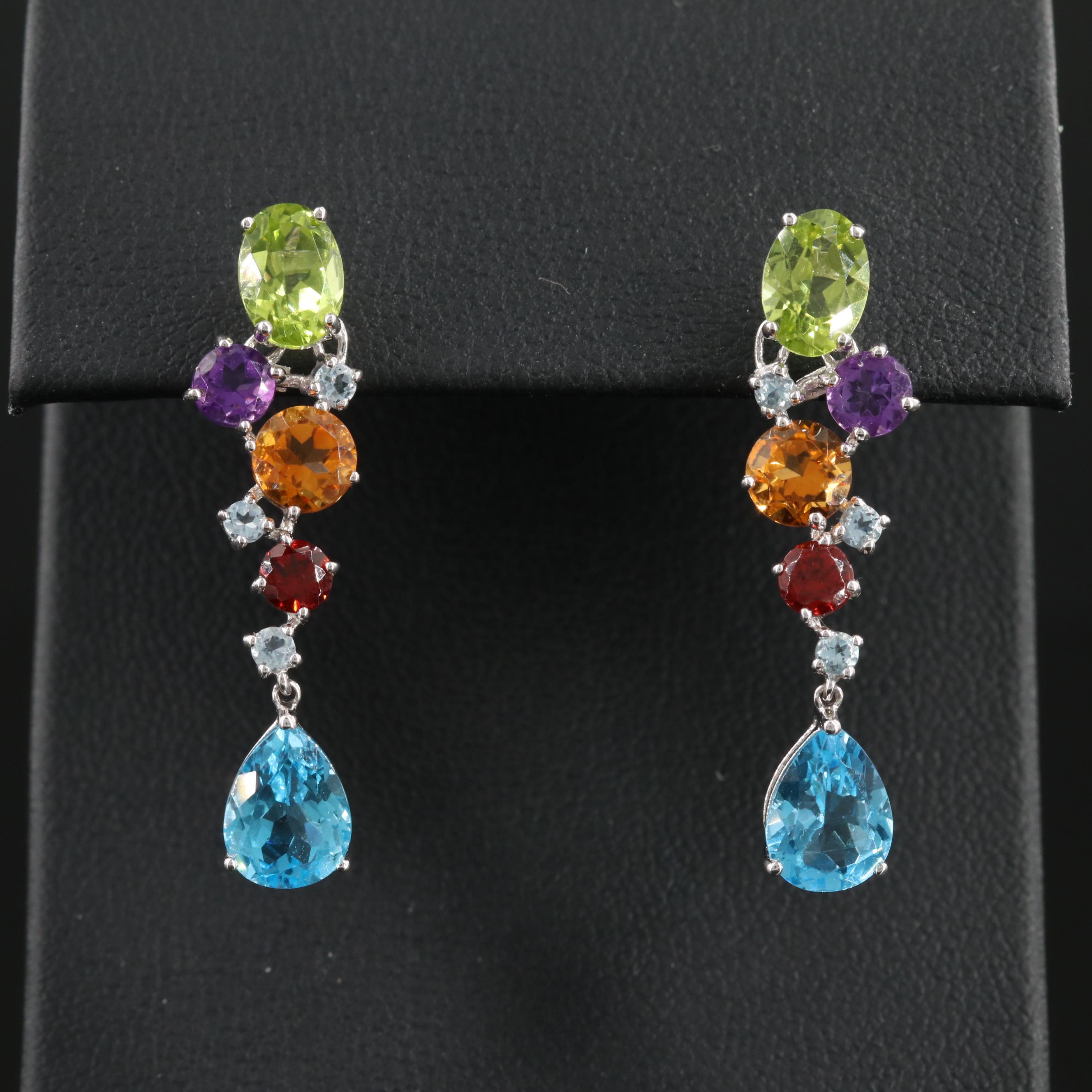14K White Gold Peridot, Aquamarine and Gemstone Drop Earrings