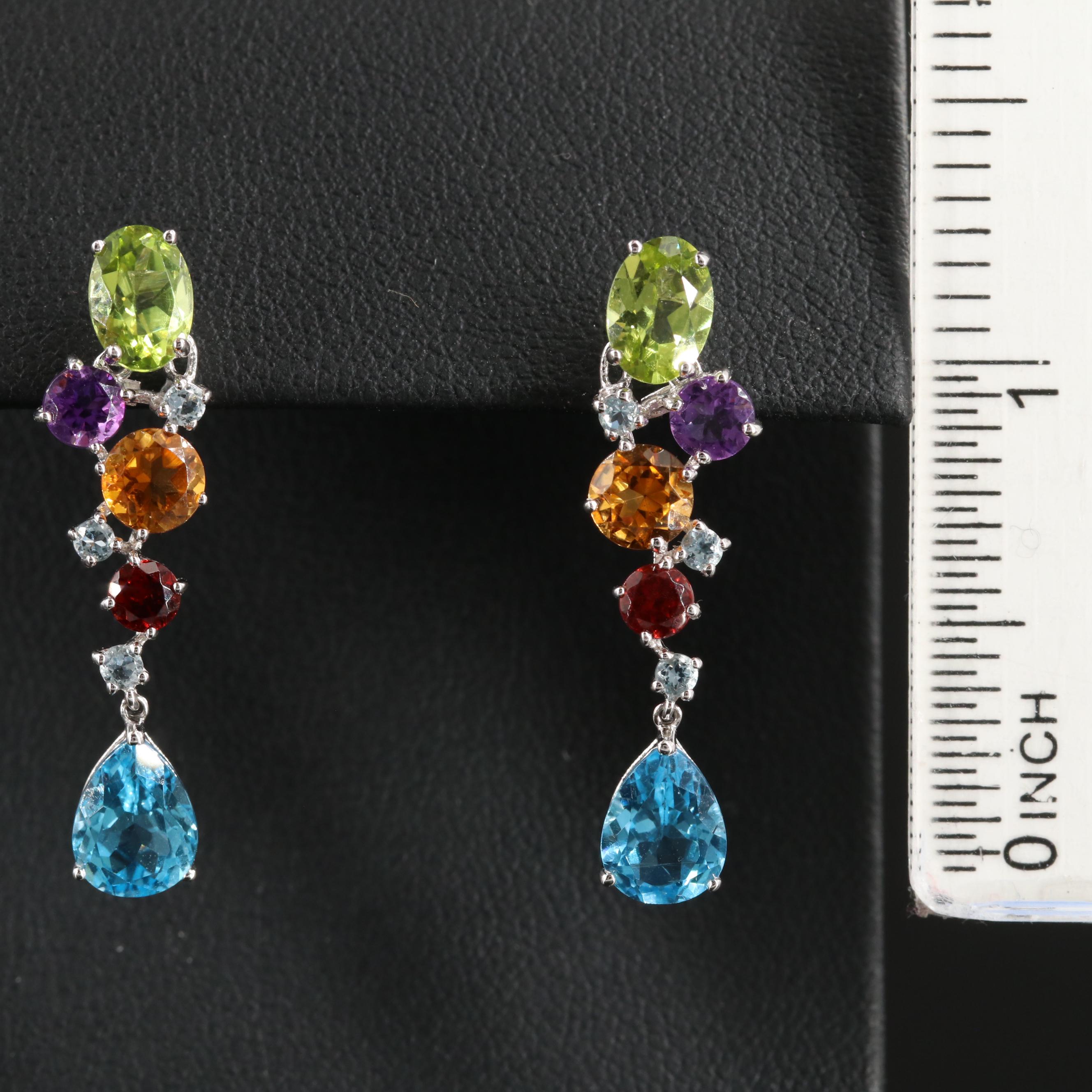 14K White Gold Peridot, Aquamarine and Gemstone Drop Earrings