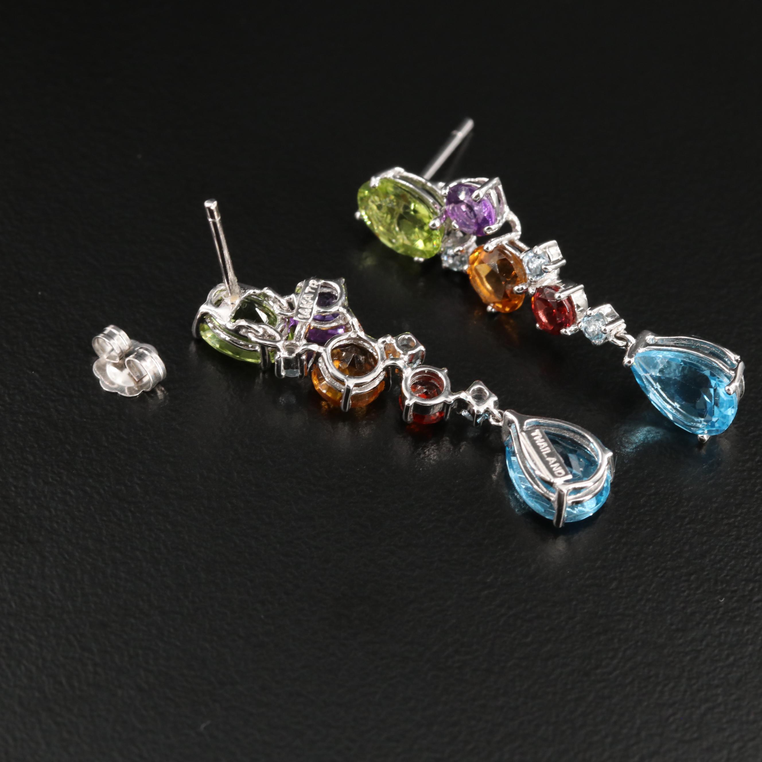 14K White Gold Peridot, Aquamarine and Gemstone Drop Earrings