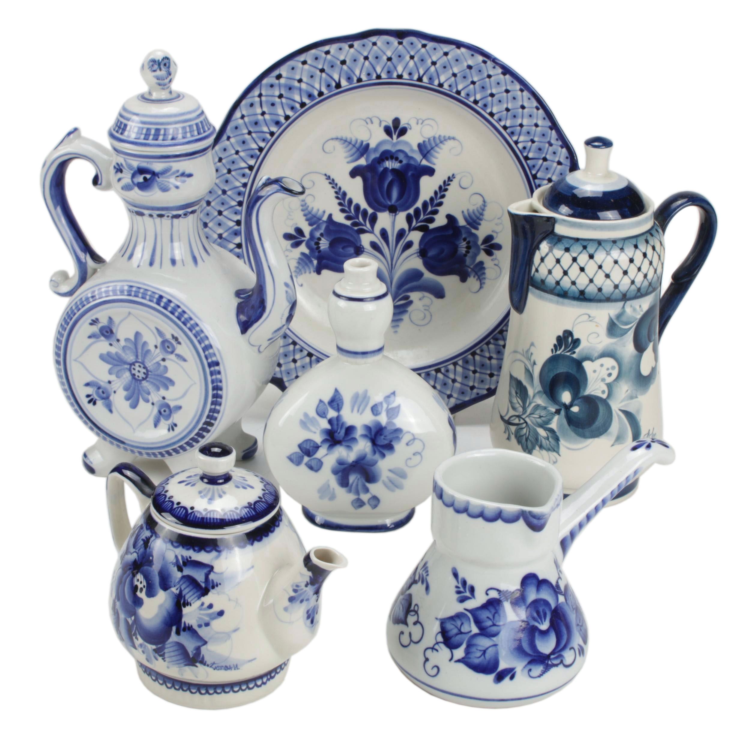 Gzhel Hand-Painted Cobalt Blue Floral and White Russian Porcelain