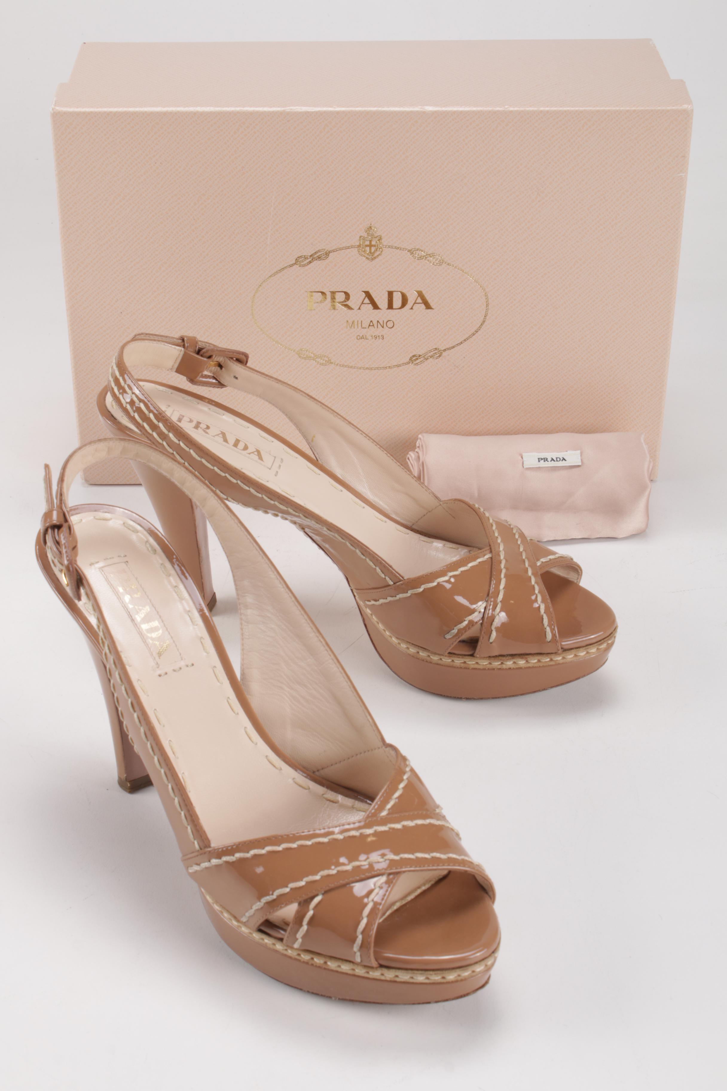 Prada Nude Patent Leather High Heel Slingback Sandals with Contrast Stitching