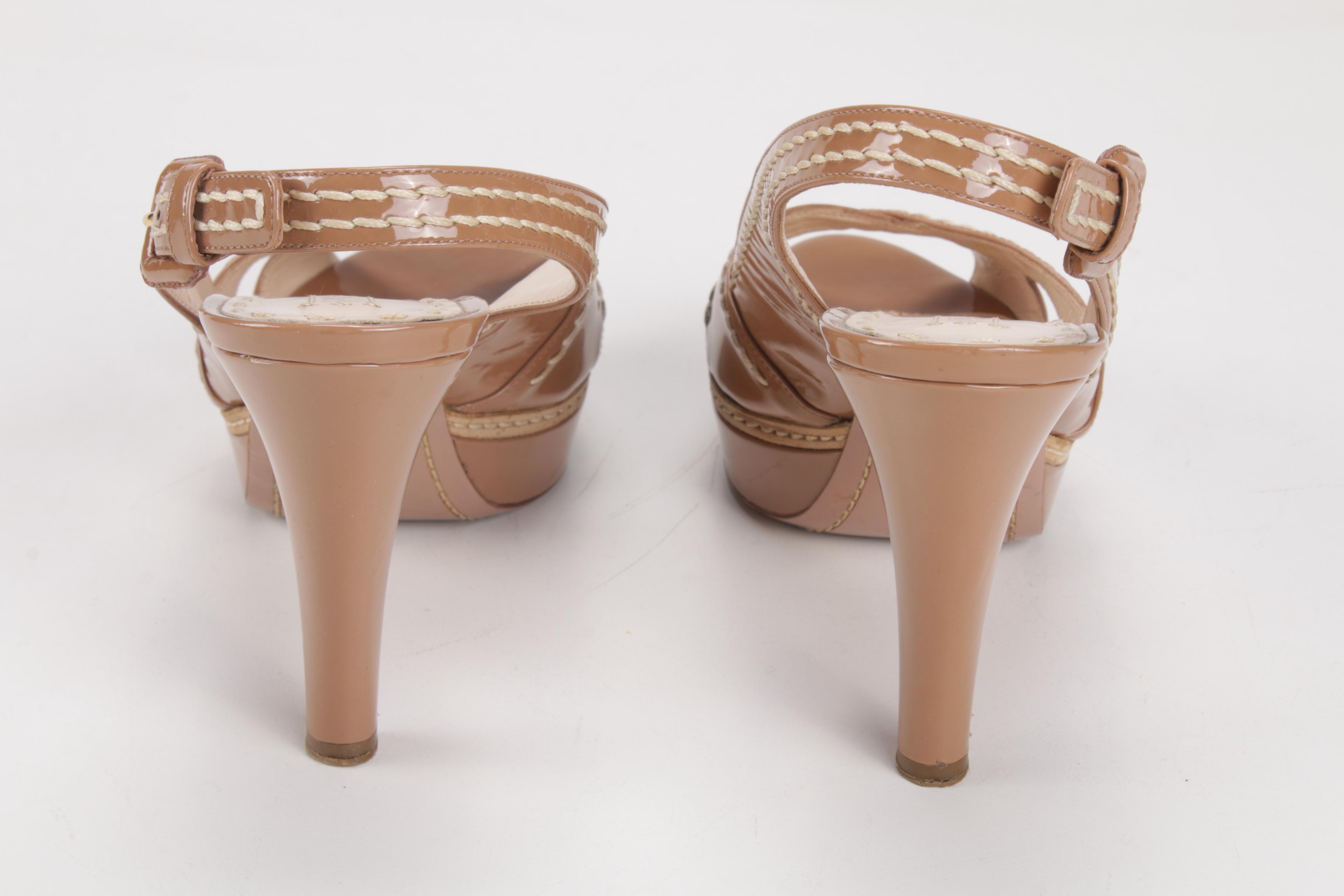 Prada Nude Patent Leather High Heel Slingback Sandals with Contrast Stitching