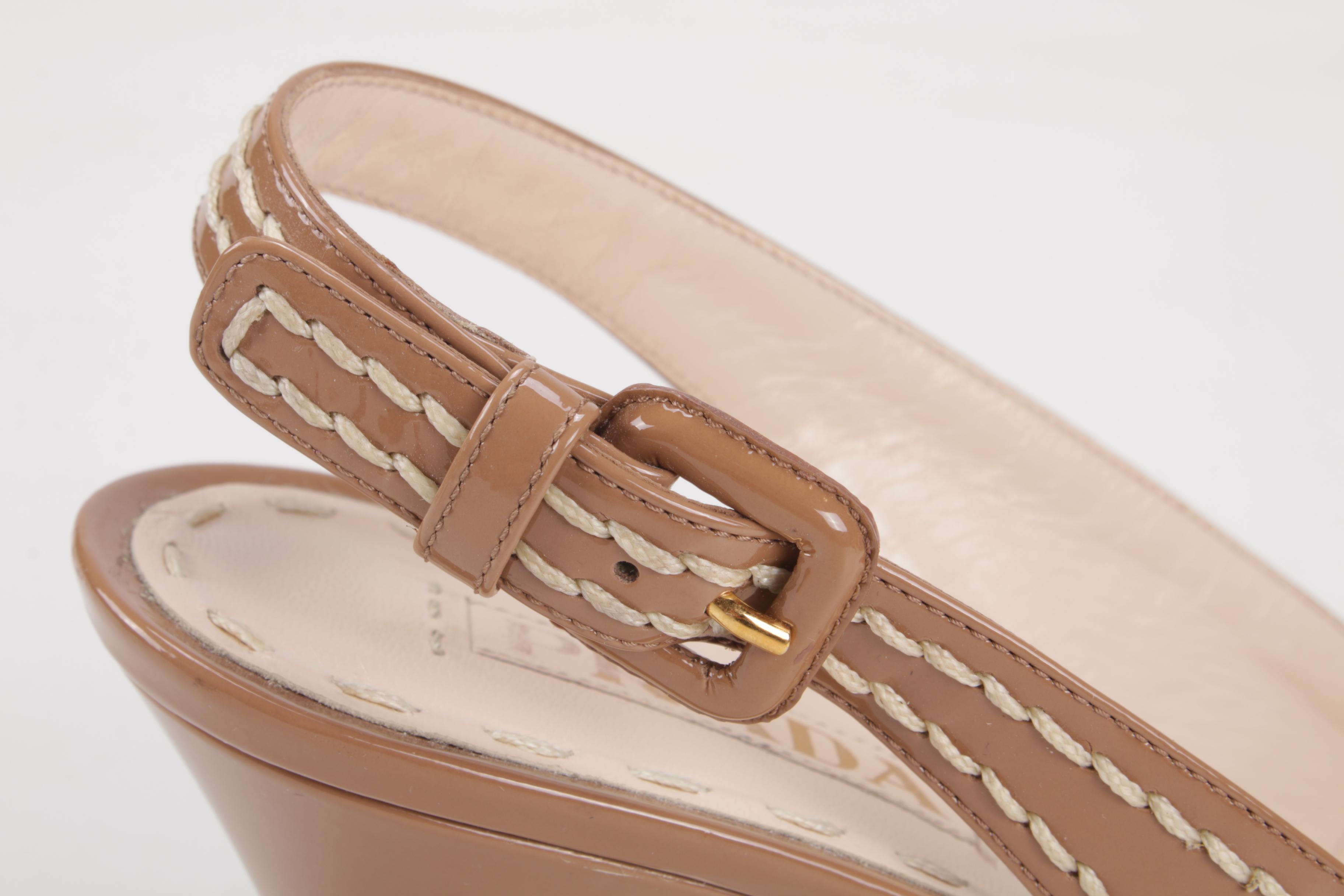 Prada Nude Patent Leather High Heel Slingback Sandals with Contrast Stitching