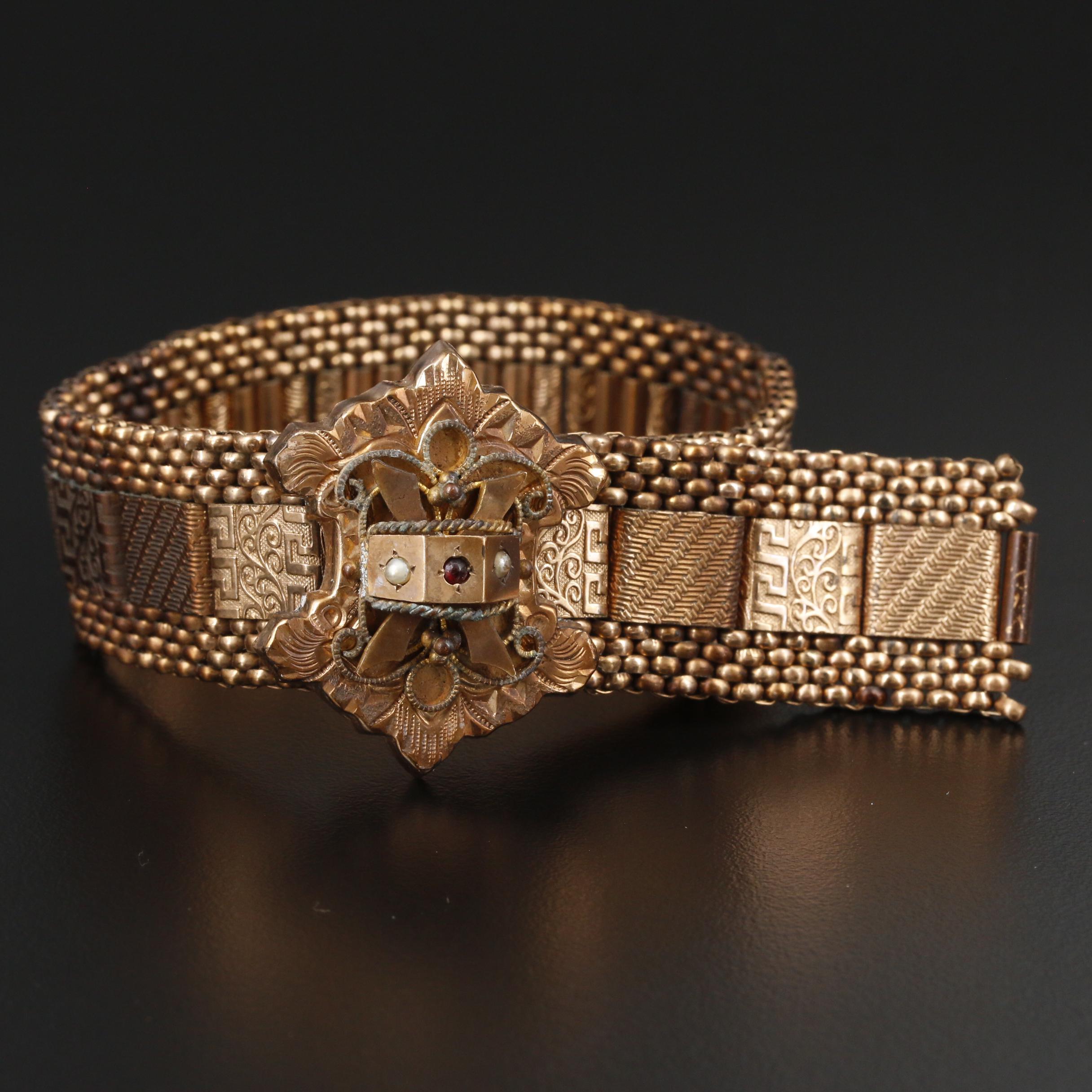 Mid-Victorian Glass and Pearl Greek Key and Vine Motif Panel Bracelet