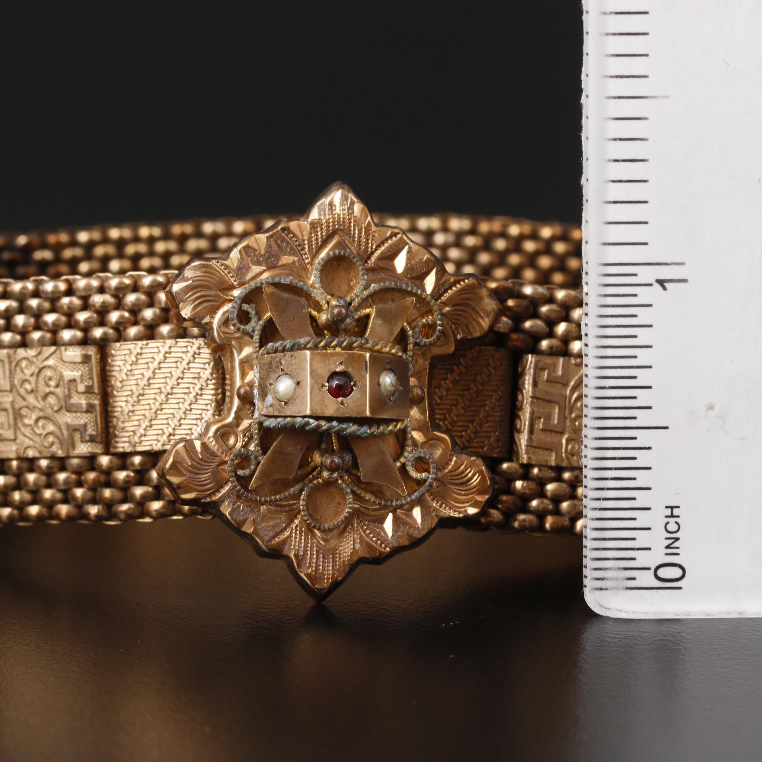 Mid-Victorian Glass and Pearl Greek Key and Vine Motif Panel Bracelet