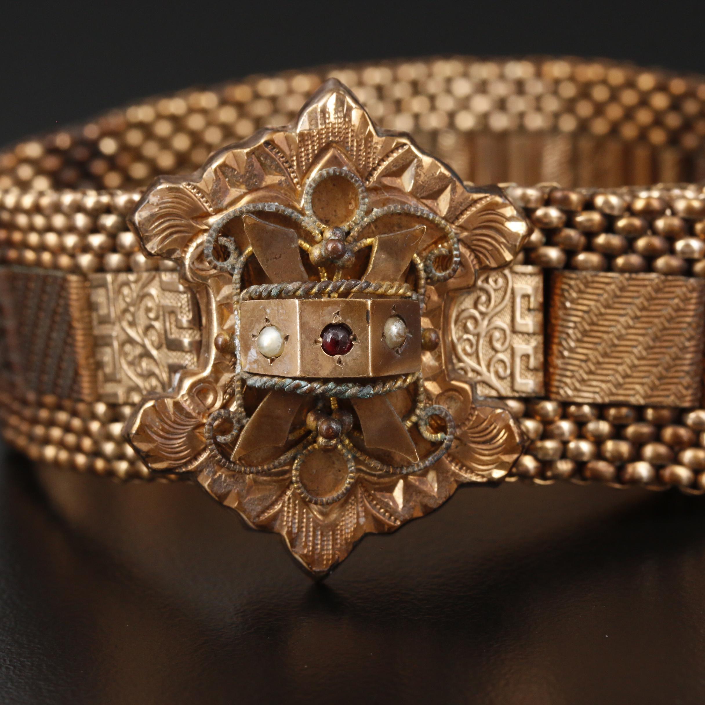 Mid-Victorian Glass and Pearl Greek Key and Vine Motif Panel Bracelet