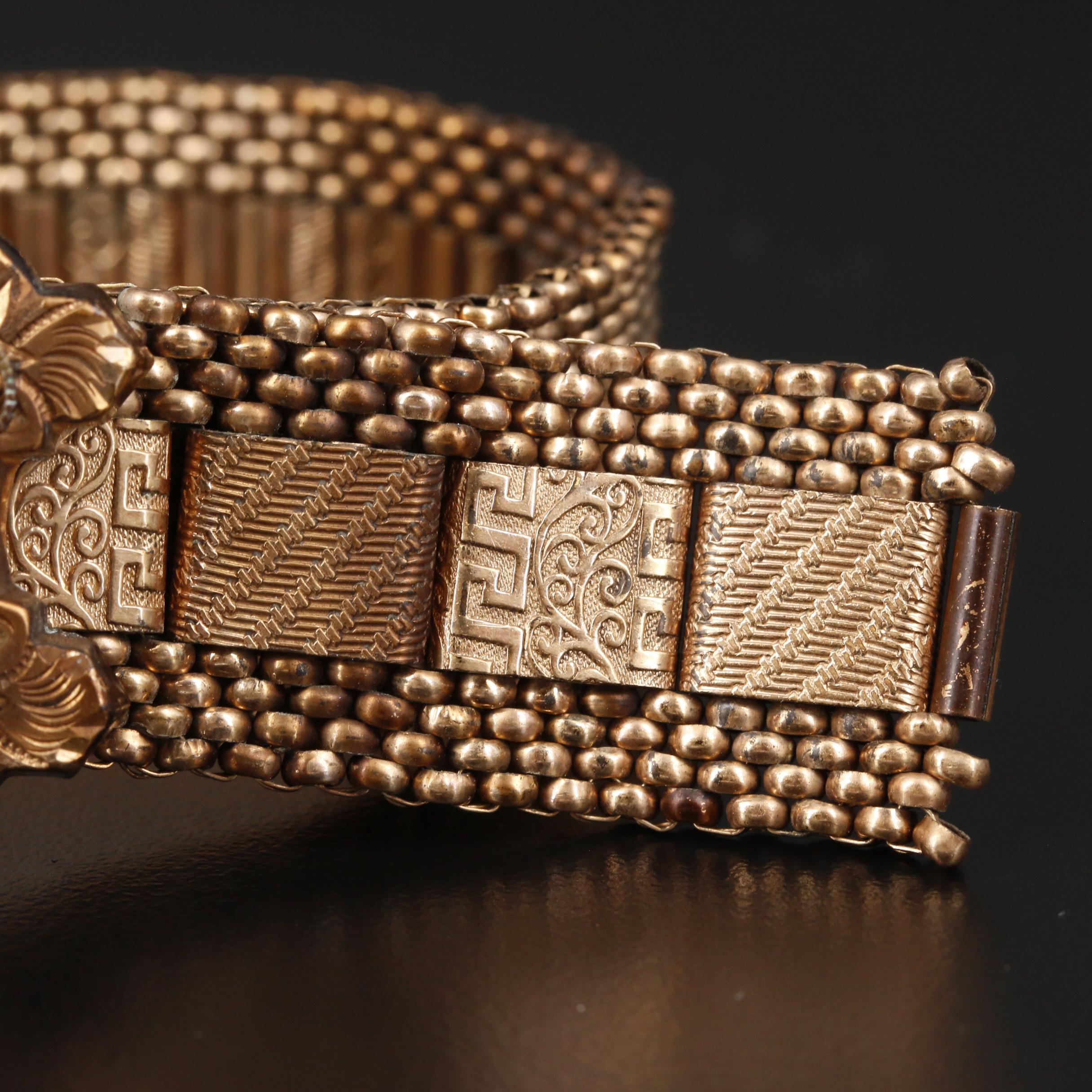 Mid-Victorian Glass and Pearl Greek Key and Vine Motif Panel Bracelet