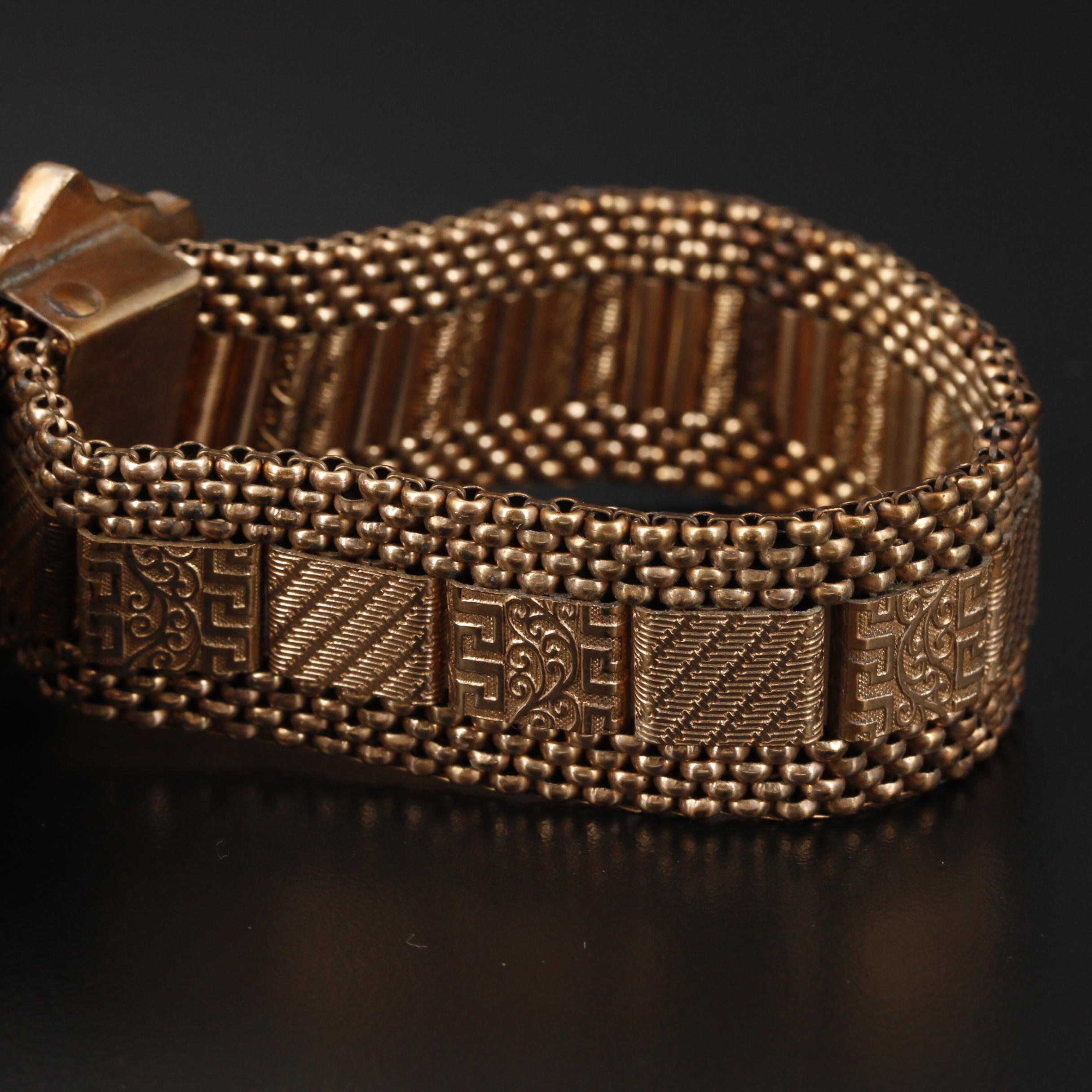 Mid-Victorian Glass and Pearl Greek Key and Vine Motif Panel Bracelet