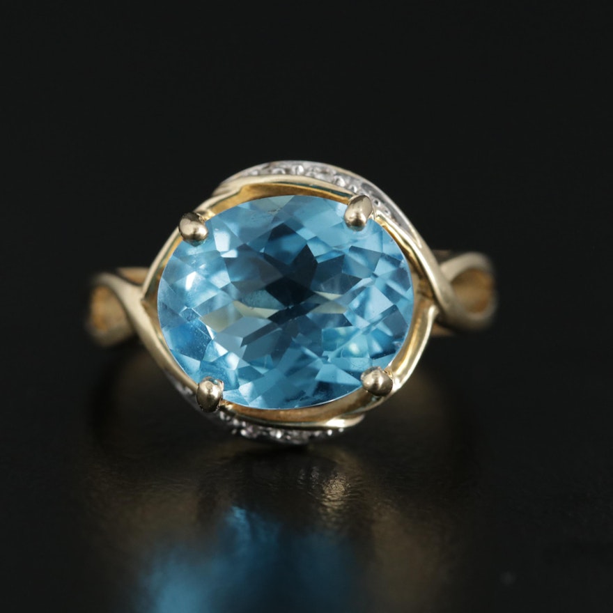 14K Yellow Gold Blue Topaz and Diamond Ring