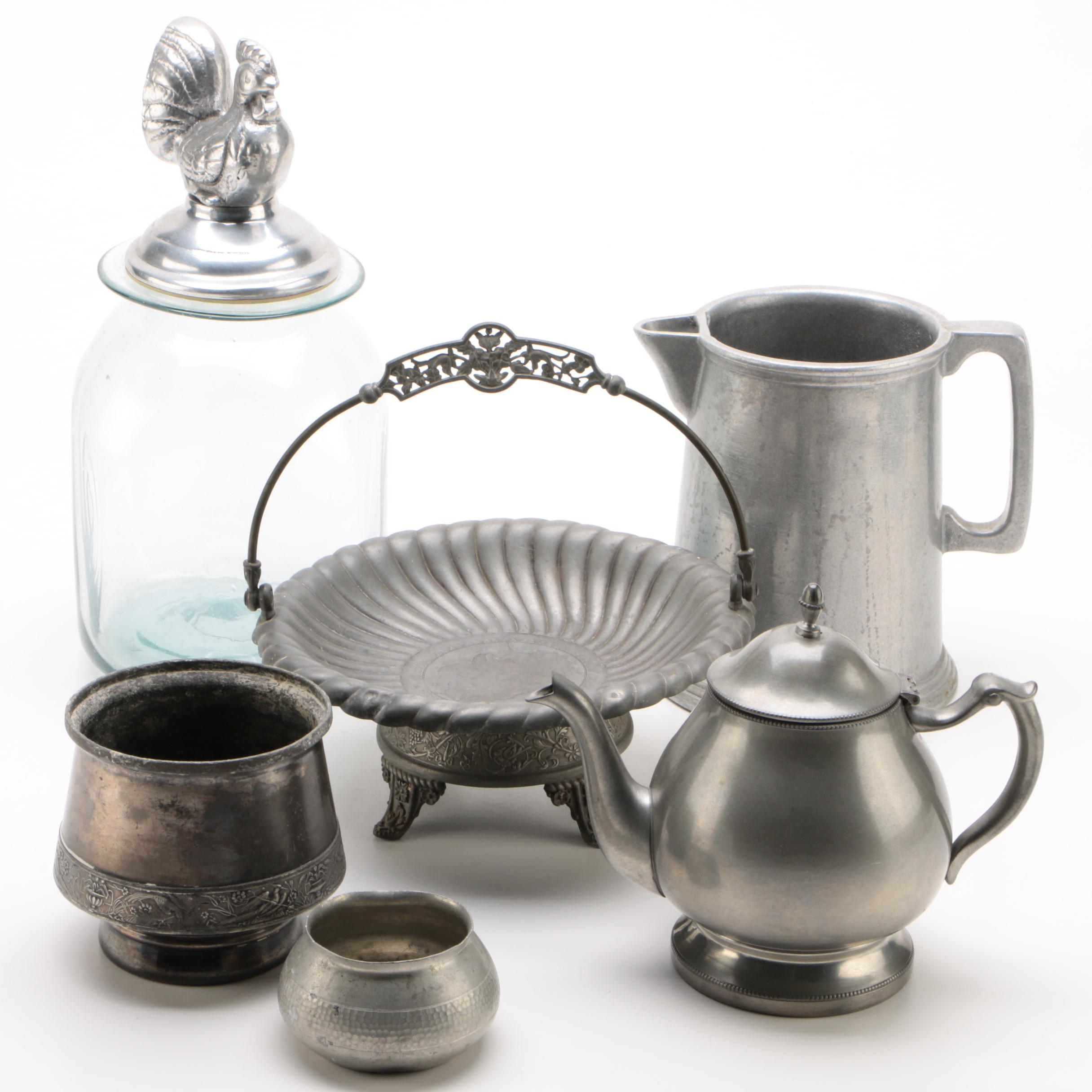 Pewter and Silver Plate Serviceware with Figural Roster Top Glass Jar, Vintage