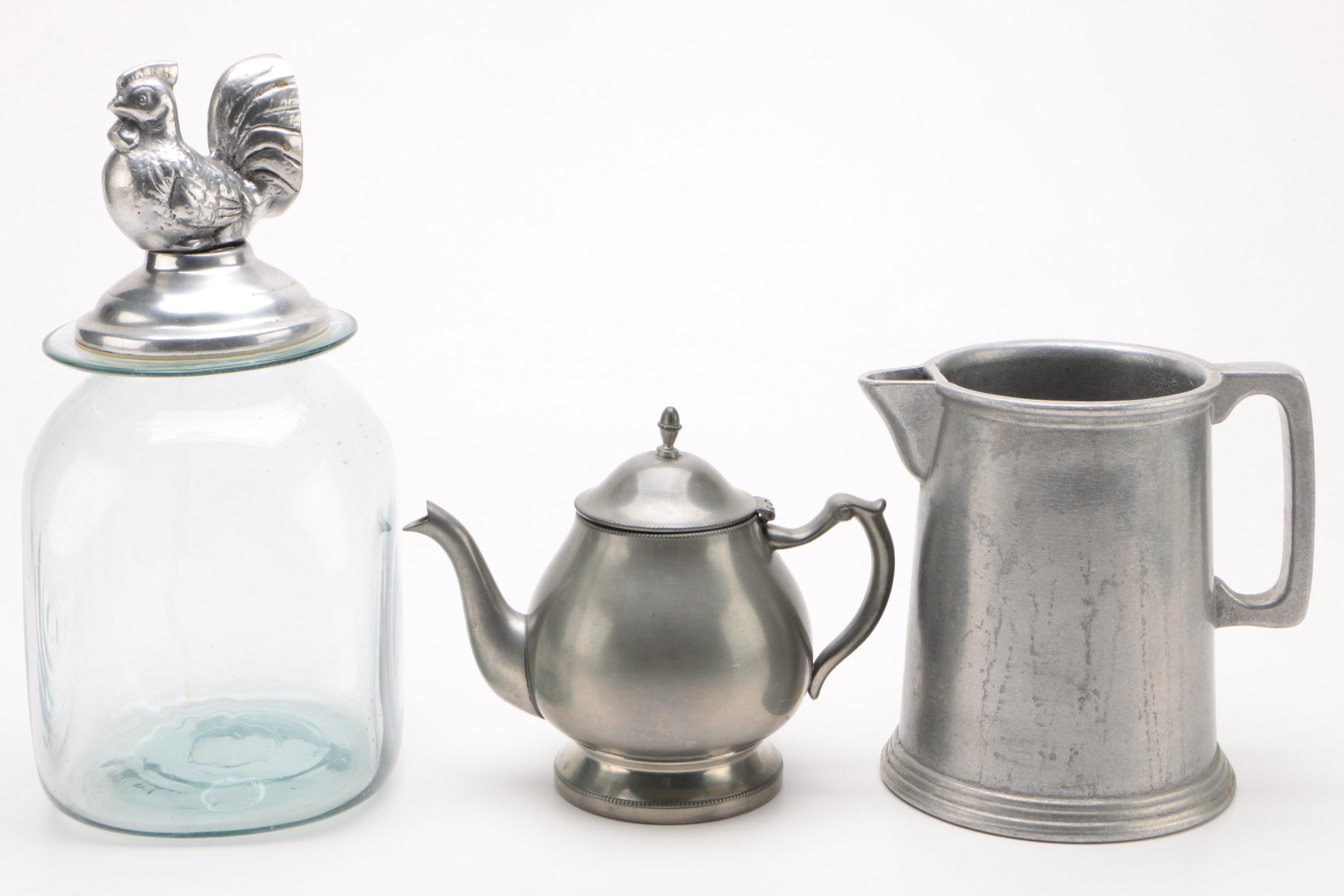 Pewter and Silver Plate Serviceware with Figural Roster Top Glass Jar, Vintage