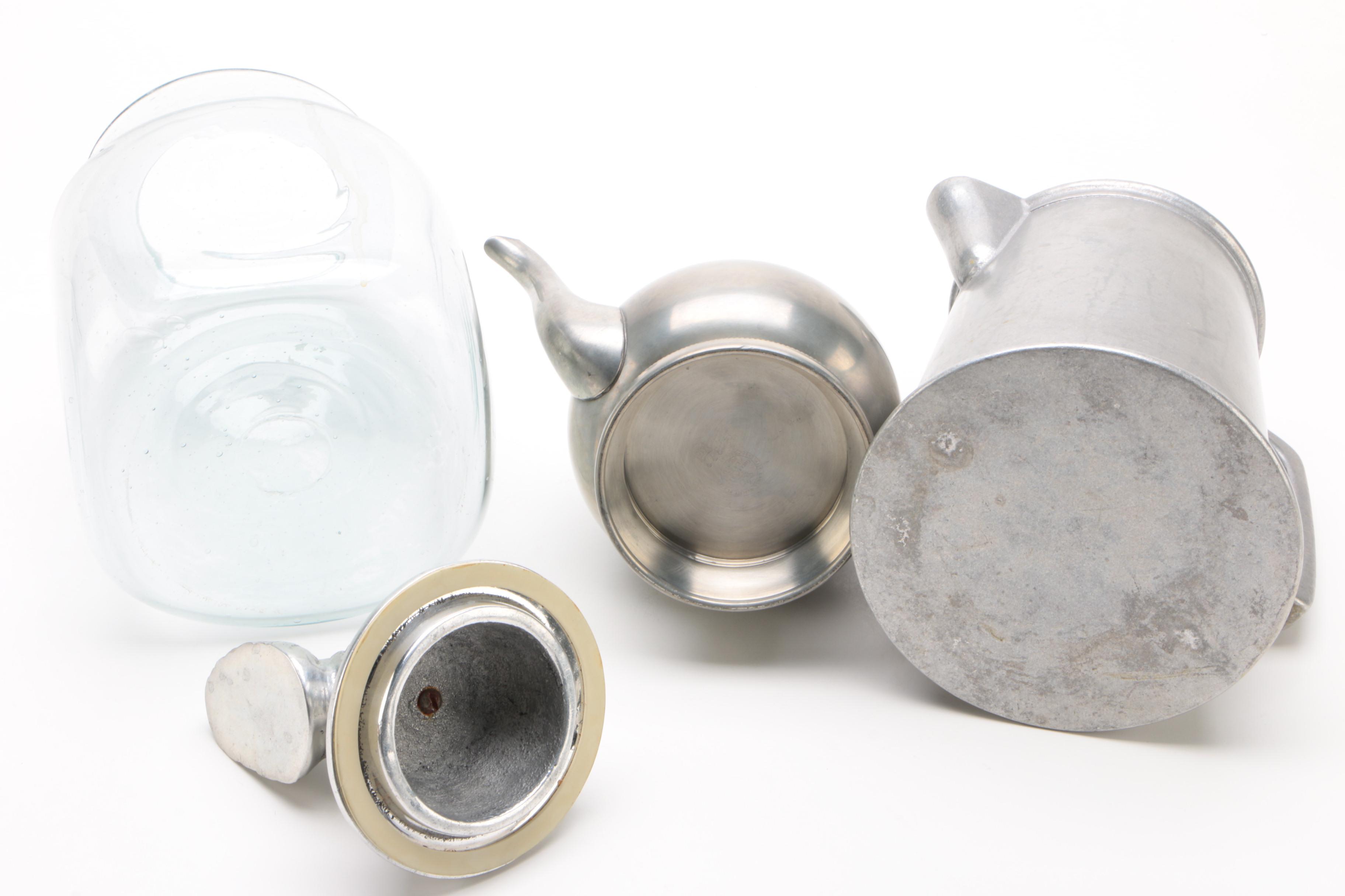 Pewter and Silver Plate Serviceware with Figural Roster Top Glass Jar, Vintage