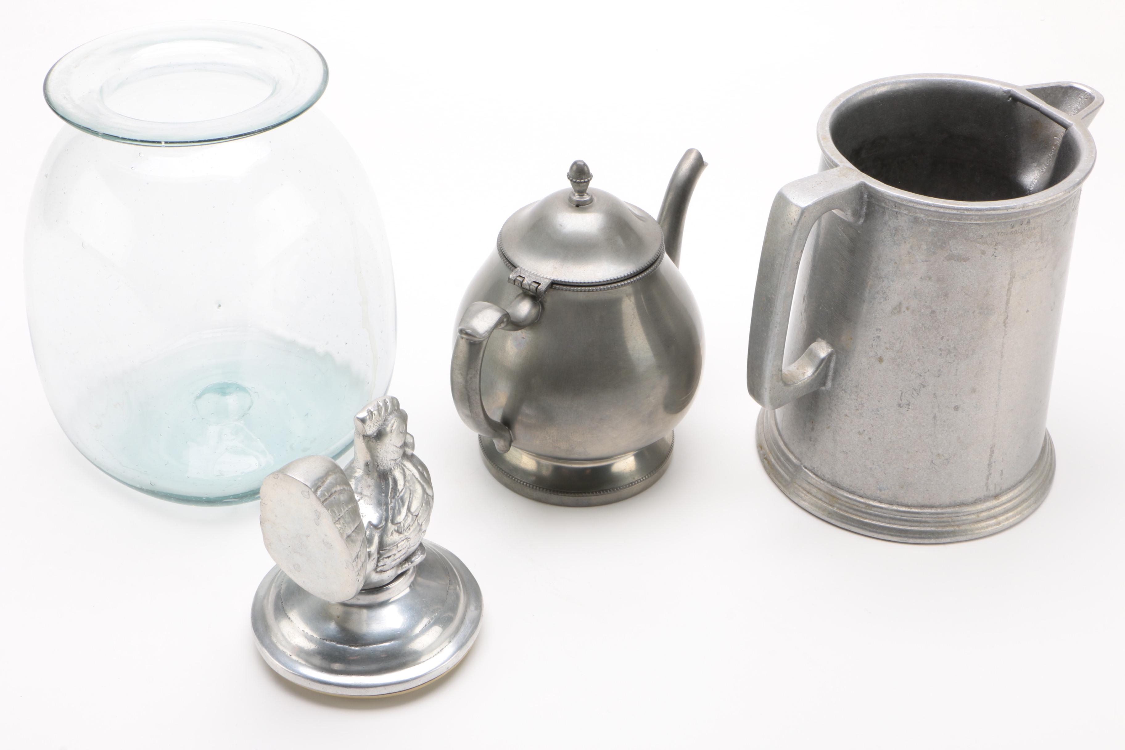 Pewter and Silver Plate Serviceware with Figural Roster Top Glass Jar, Vintage